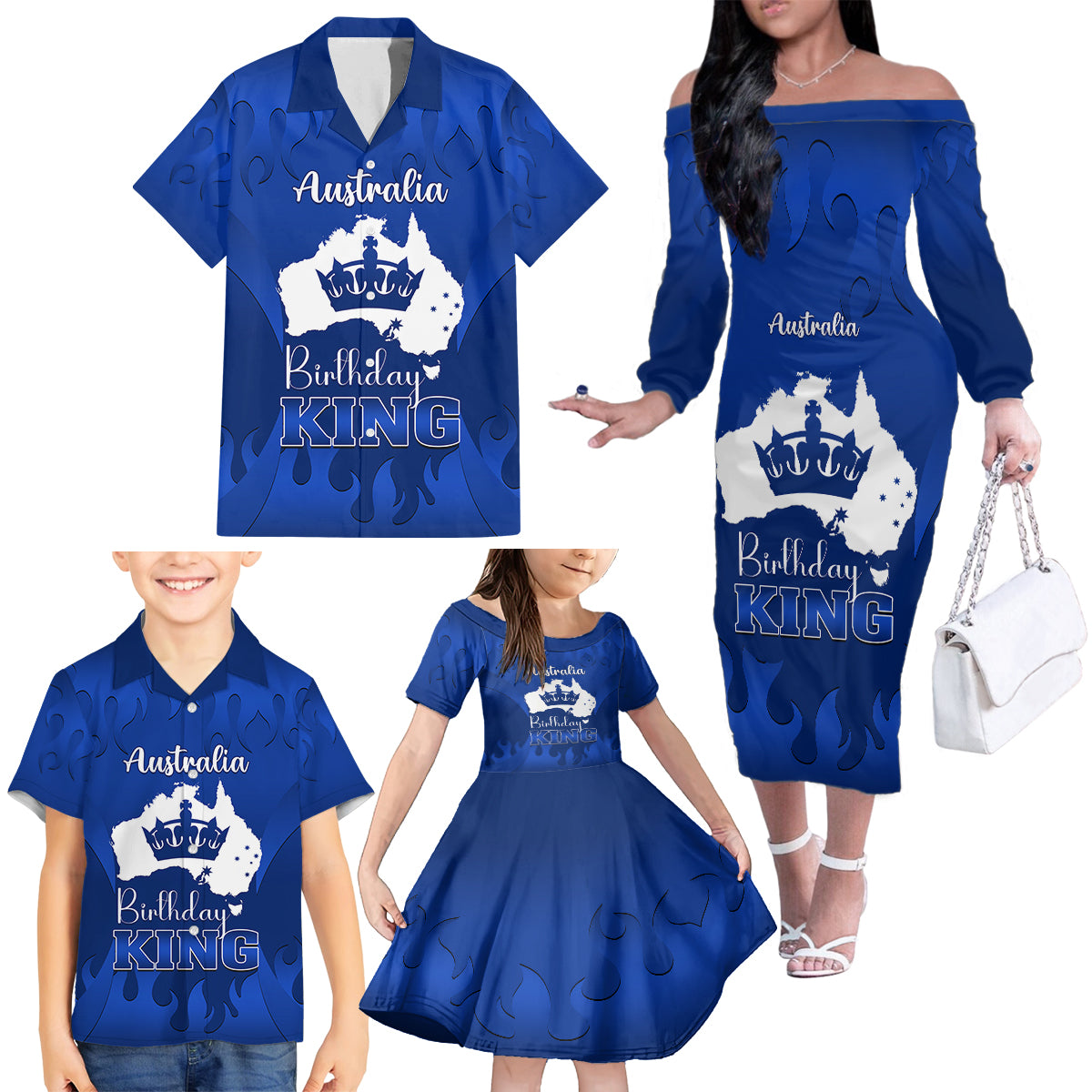 australia-king-birthday-family-matching-off-shoulder-long-sleeve-dress-and-hawaiian-shirt-australian-map-with-crown-blue-version