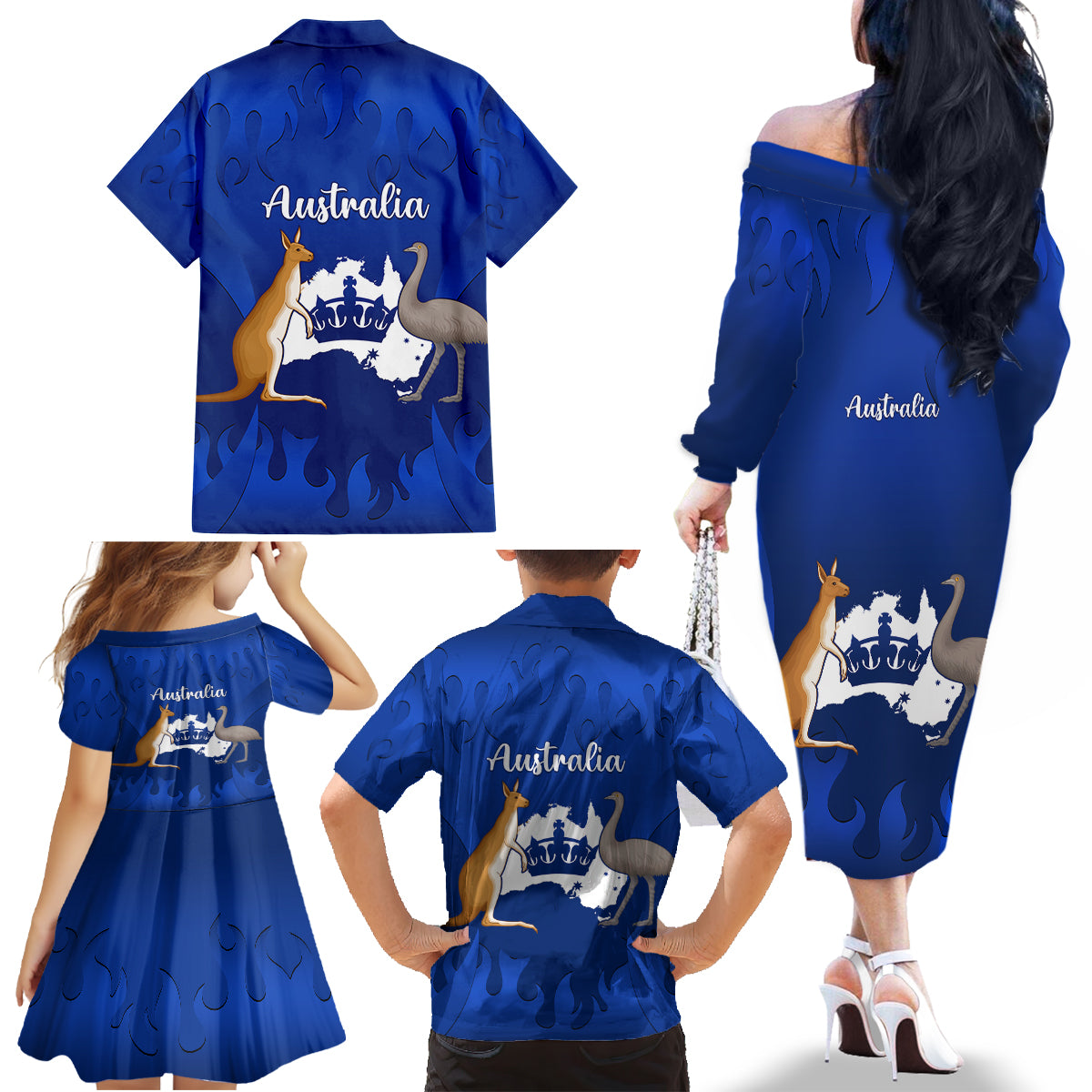 australia-king-birthday-family-matching-off-shoulder-long-sleeve-dress-and-hawaiian-shirt-australian-map-with-crown-blue-version