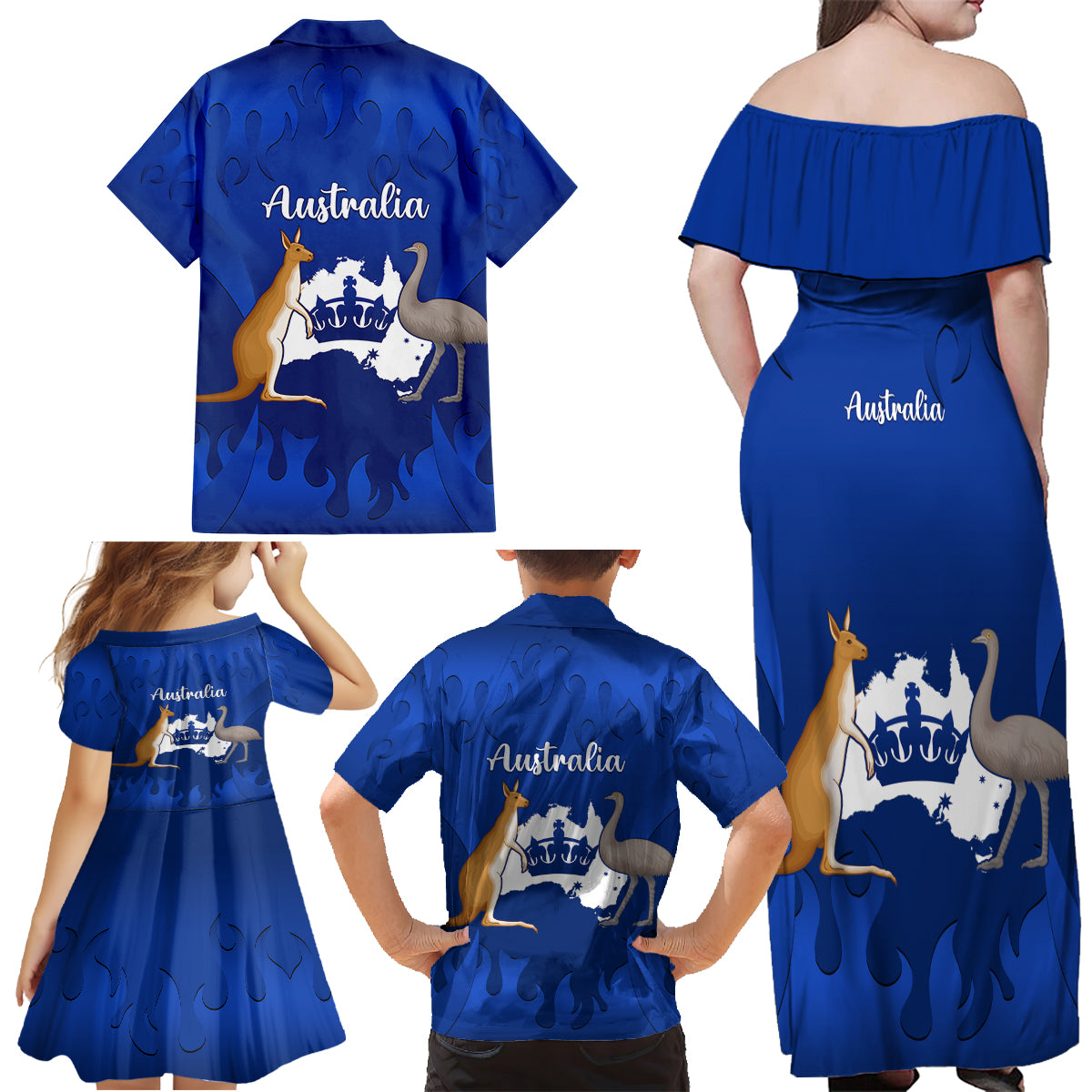 australia-king-birthday-family-matching-off-shoulder-maxi-dress-and-hawaiian-shirt-australian-map-with-crown-blue-version