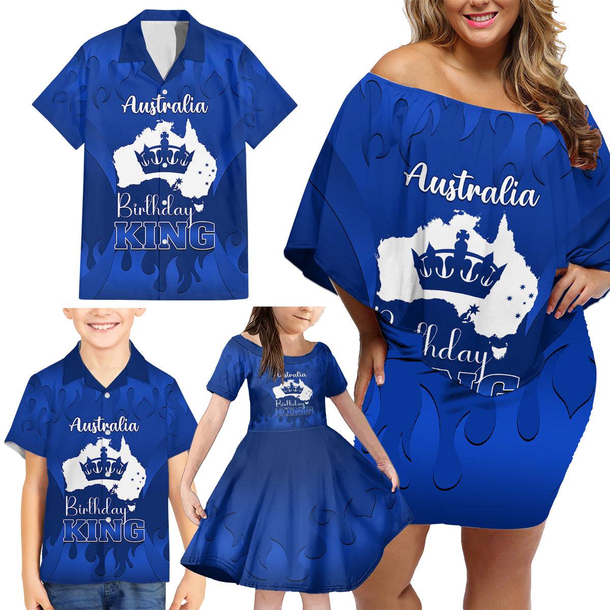 australia-king-birthday-family-matching-off-shoulder-short-dress-and-hawaiian-shirt-australian-map-with-crown-blue-version