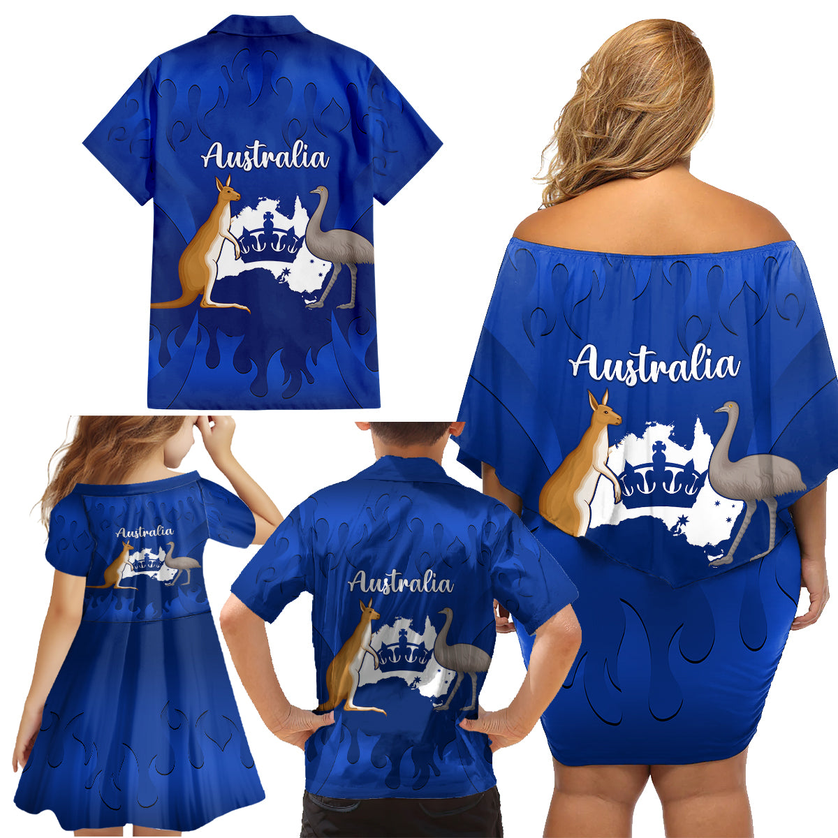 australia-king-birthday-family-matching-off-shoulder-short-dress-and-hawaiian-shirt-australian-map-with-crown-blue-version