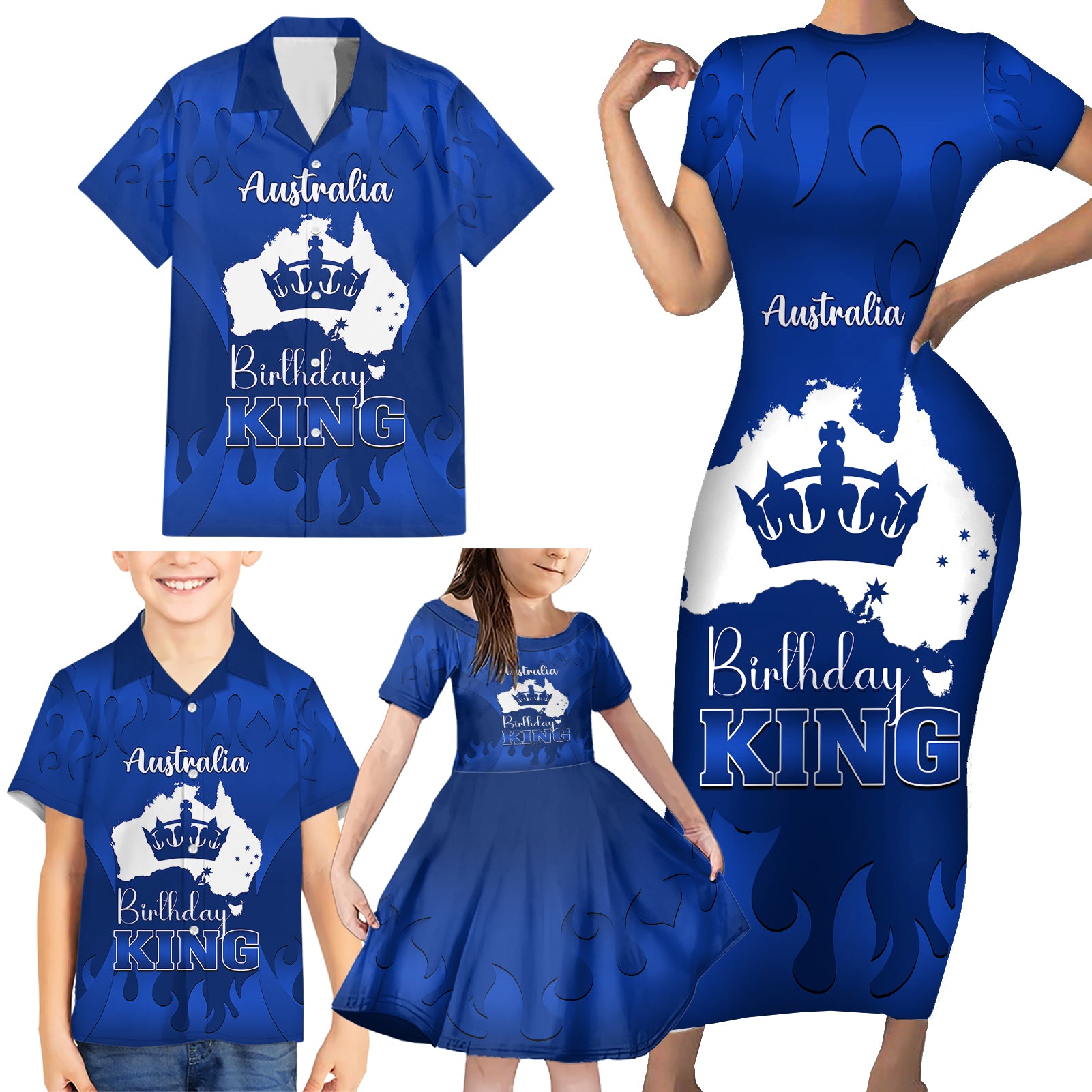 australia-king-birthday-family-matching-short-sleeve-bodycon-dress-and-hawaiian-shirt-australian-map-with-crown-blue-version