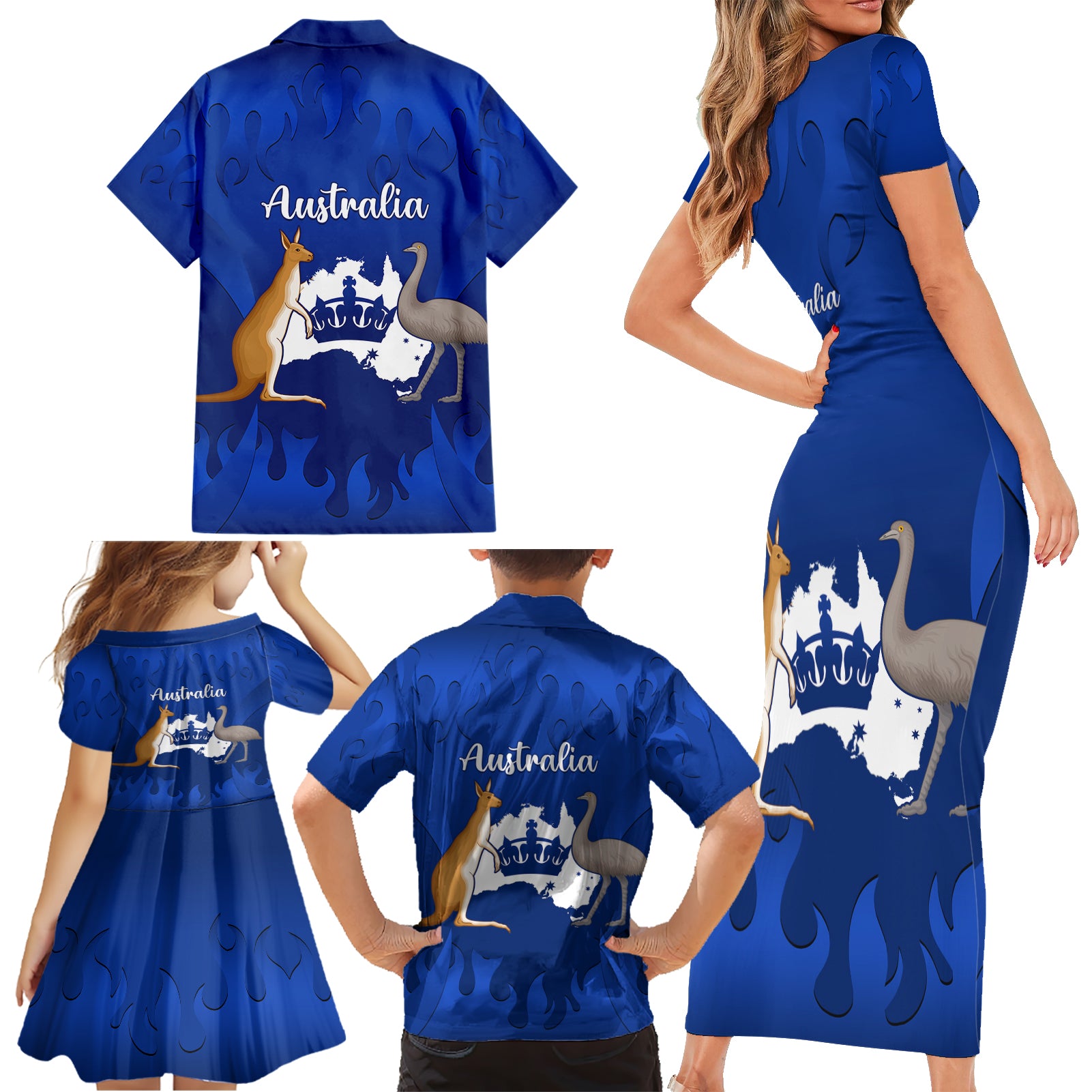 australia-king-birthday-family-matching-short-sleeve-bodycon-dress-and-hawaiian-shirt-australian-map-with-crown-blue-version