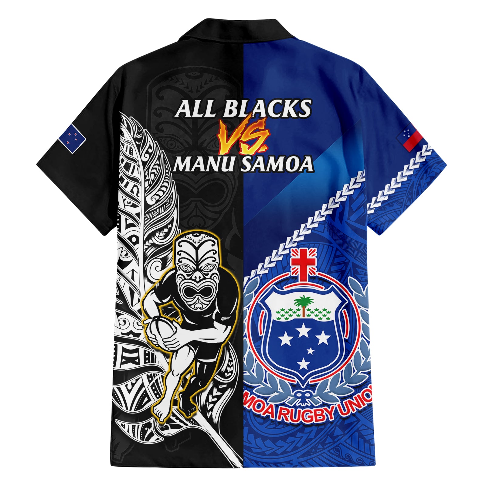 New Zealand And Samoa Rugby Hawaiian Shirt All Black Tiki Fern Mix Manu Samoa 2023 World Cup - Vibe Hoodie Shop