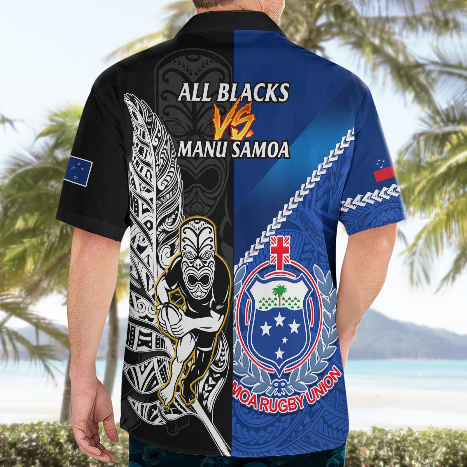 New Zealand And Samoa Rugby Hawaiian Shirt All Black Tiki Fern Mix Manu Samoa 2023 World Cup - Vibe Hoodie Shop