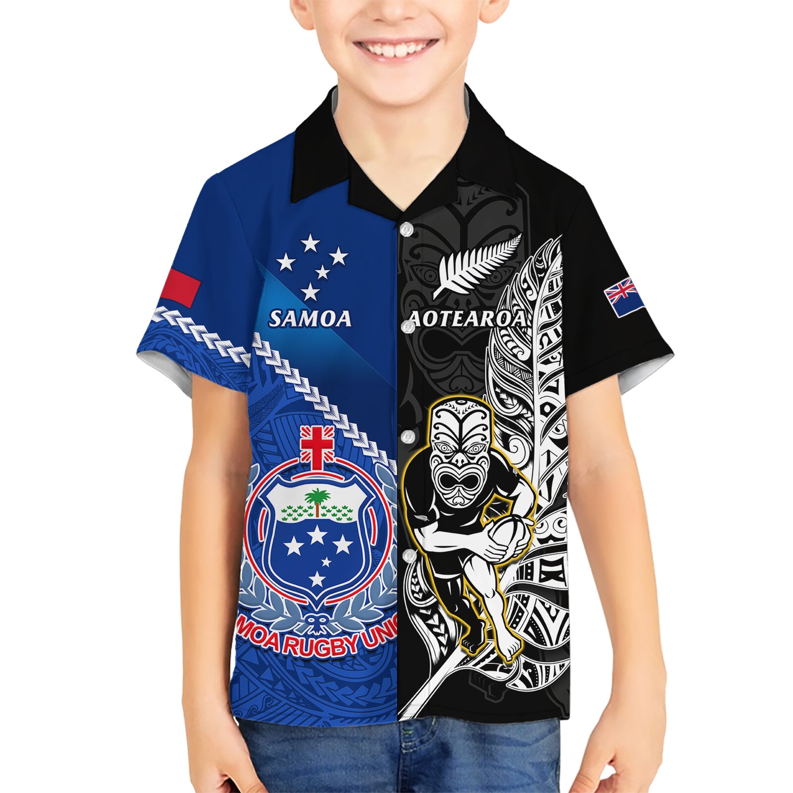 New Zealand And Samoa Rugby Hawaiian Shirt All Black Tiki Fern Mix Manu Samoa 2023 World Cup - Vibe Hoodie Shop