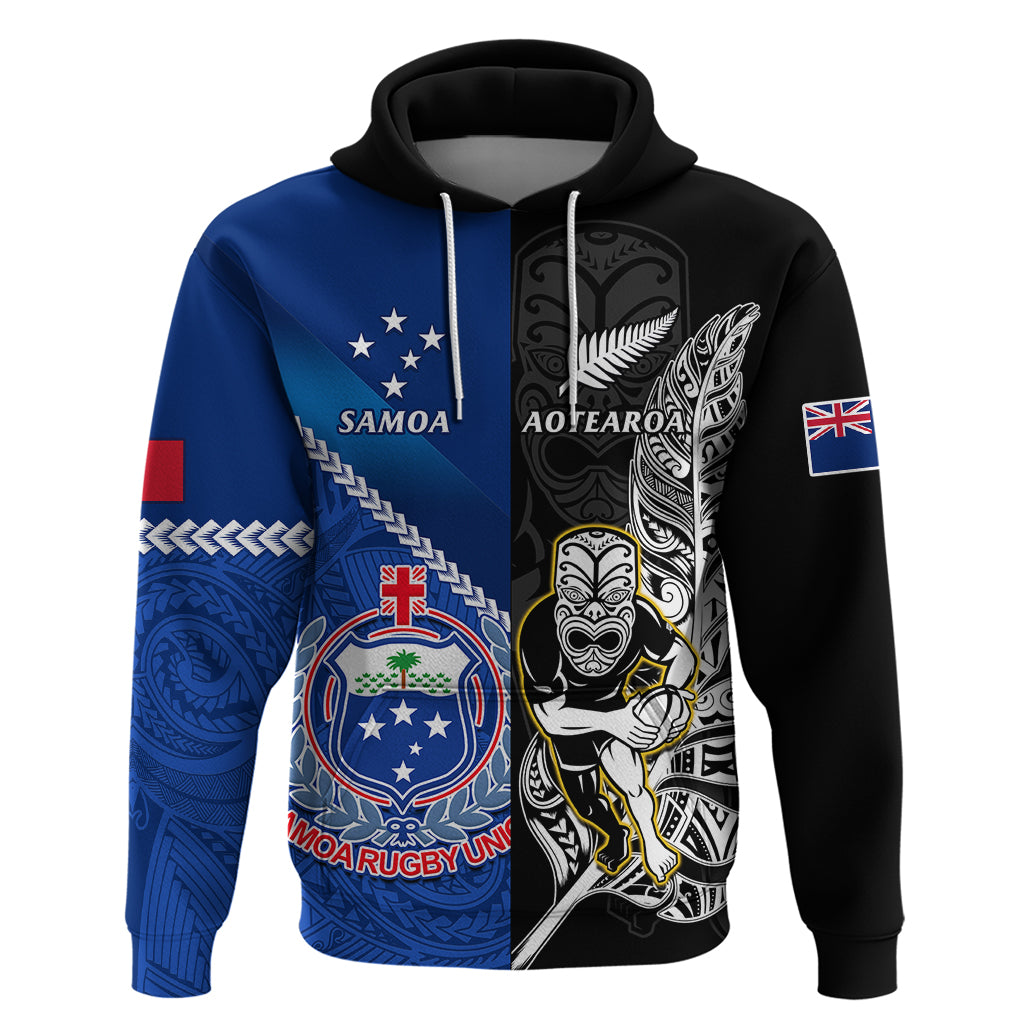 New Zealand And Samoa Rugby Hoodie All Black Tiki Fern Mix Manu Samoa 2023 World Cup - Vibe Hoodie Shop