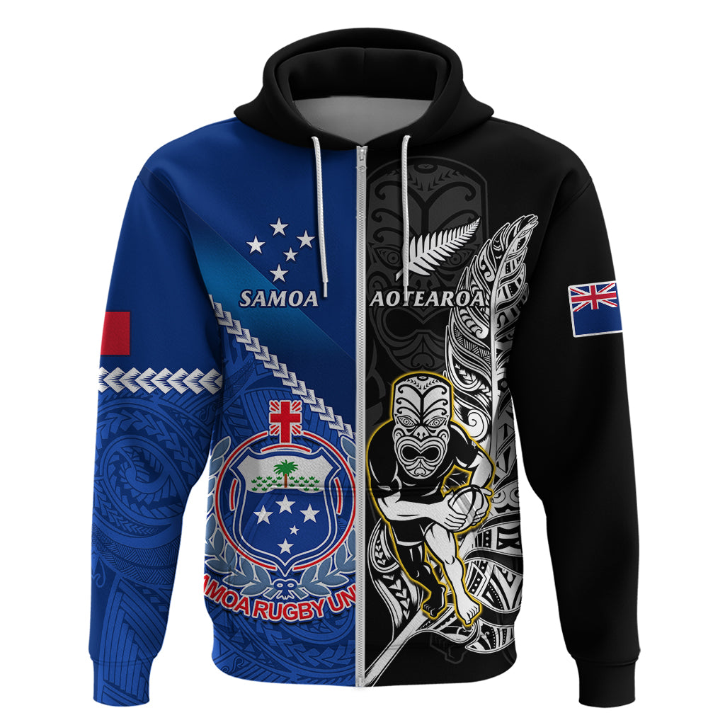 New Zealand And Samoa Rugby Hoodie All Black Tiki Fern Mix Manu Samoa 2023 World Cup - Vibe Hoodie Shop