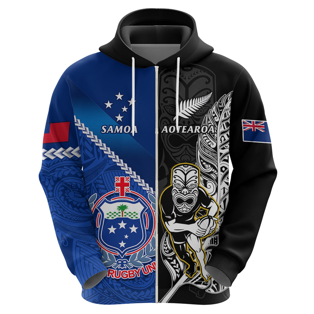New Zealand And Samoa Rugby Hoodie All Black Tiki Fern Mix Manu Samoa 2023 World Cup - Vibe Hoodie Shop
