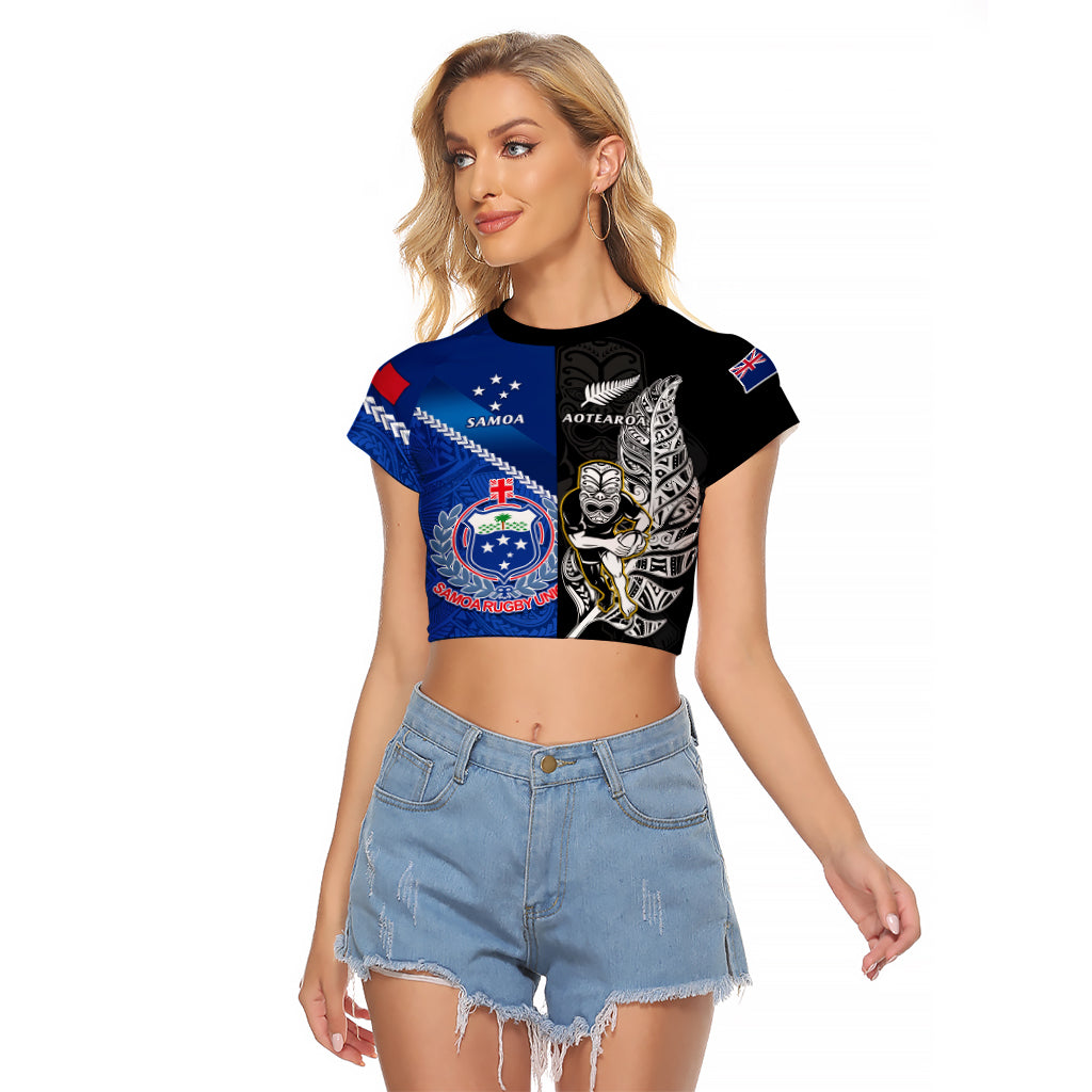 New Zealand And Samoa Rugby Raglan Cropped T Shirt All Black Tiki Fern Mix Manu Samoa 2023 World Cup - Vibe Hoodie Shop