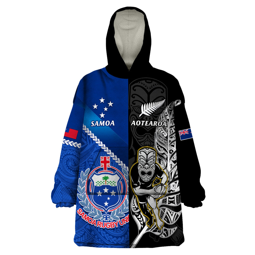 New Zealand And Samoa Rugby Wearable Blanket Hoodie All Black Tiki Fern Mix Manu Samoa 2023 World Cup - Vibe Hoodie Shop