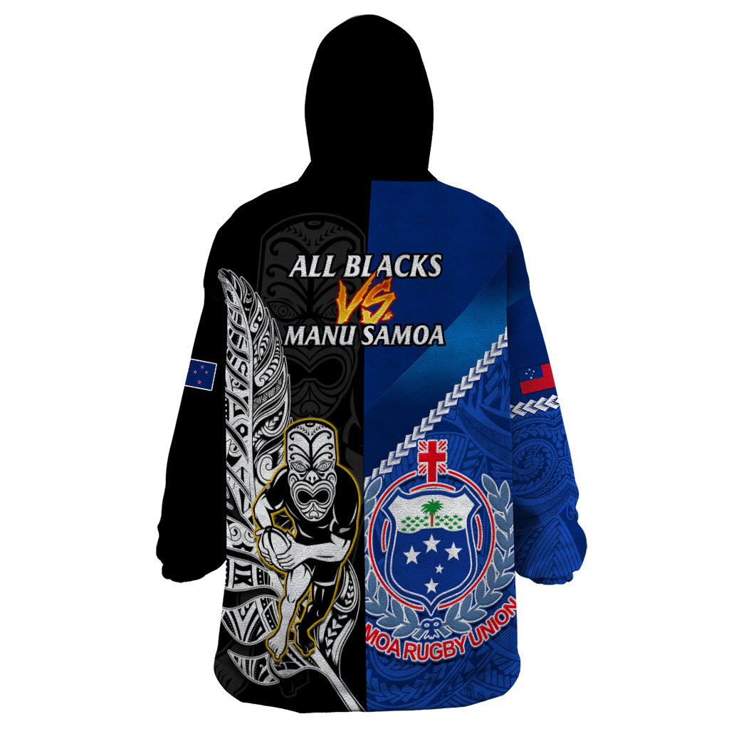 New Zealand And Samoa Rugby Wearable Blanket Hoodie All Black Tiki Fern Mix Manu Samoa 2023 World Cup - Vibe Hoodie Shop