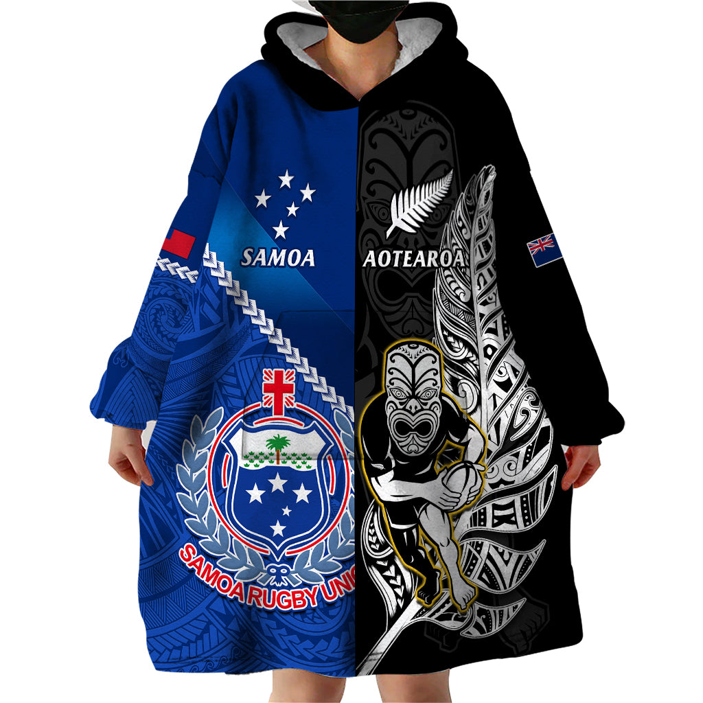 New Zealand And Samoa Rugby Wearable Blanket Hoodie All Black Tiki Fern Mix Manu Samoa 2023 World Cup - Vibe Hoodie Shop