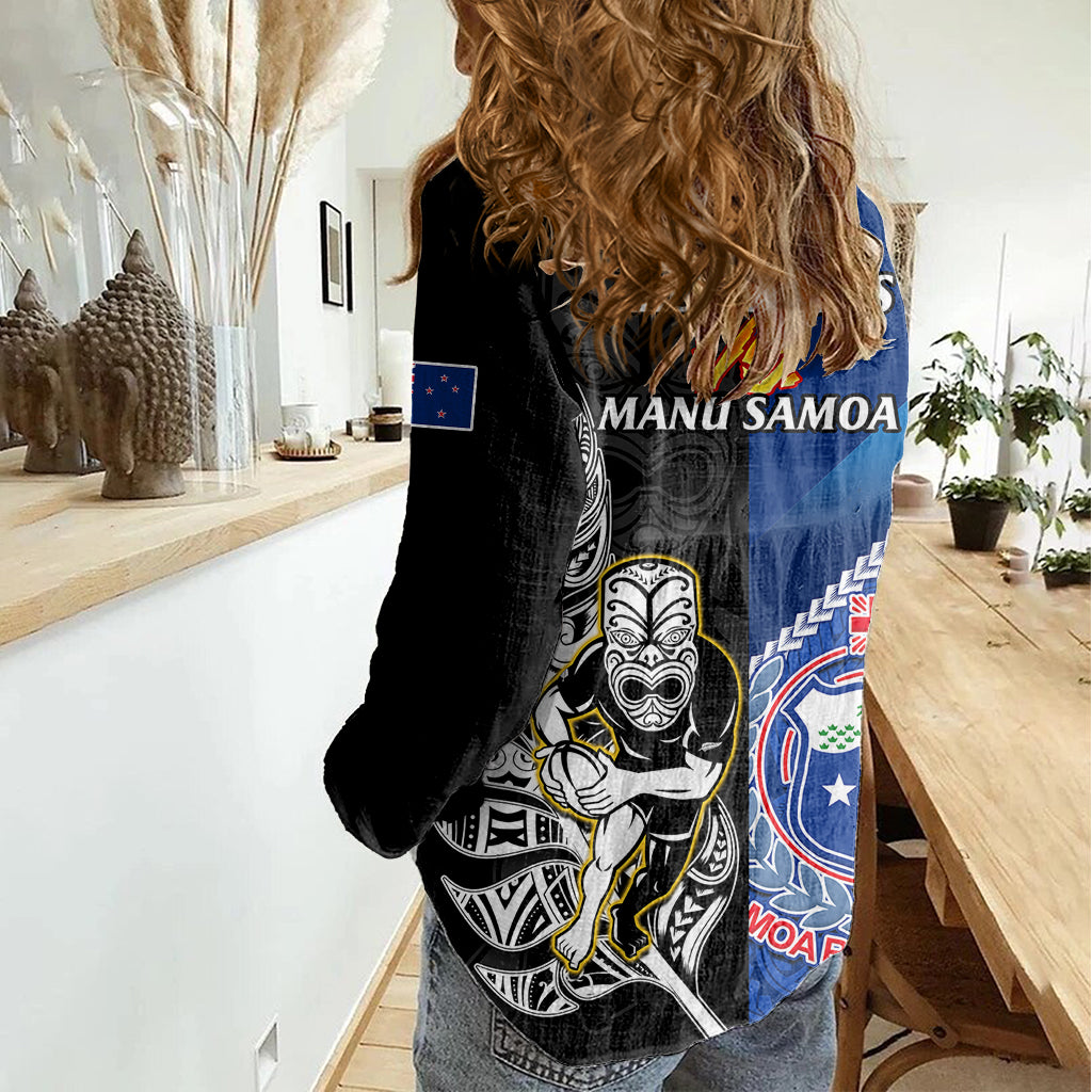 New Zealand And Samoa Rugby Women Casual Shirt All Black Tiki Fern Mix Manu Samoa 2023 World Cup - Vibe Hoodie Shop