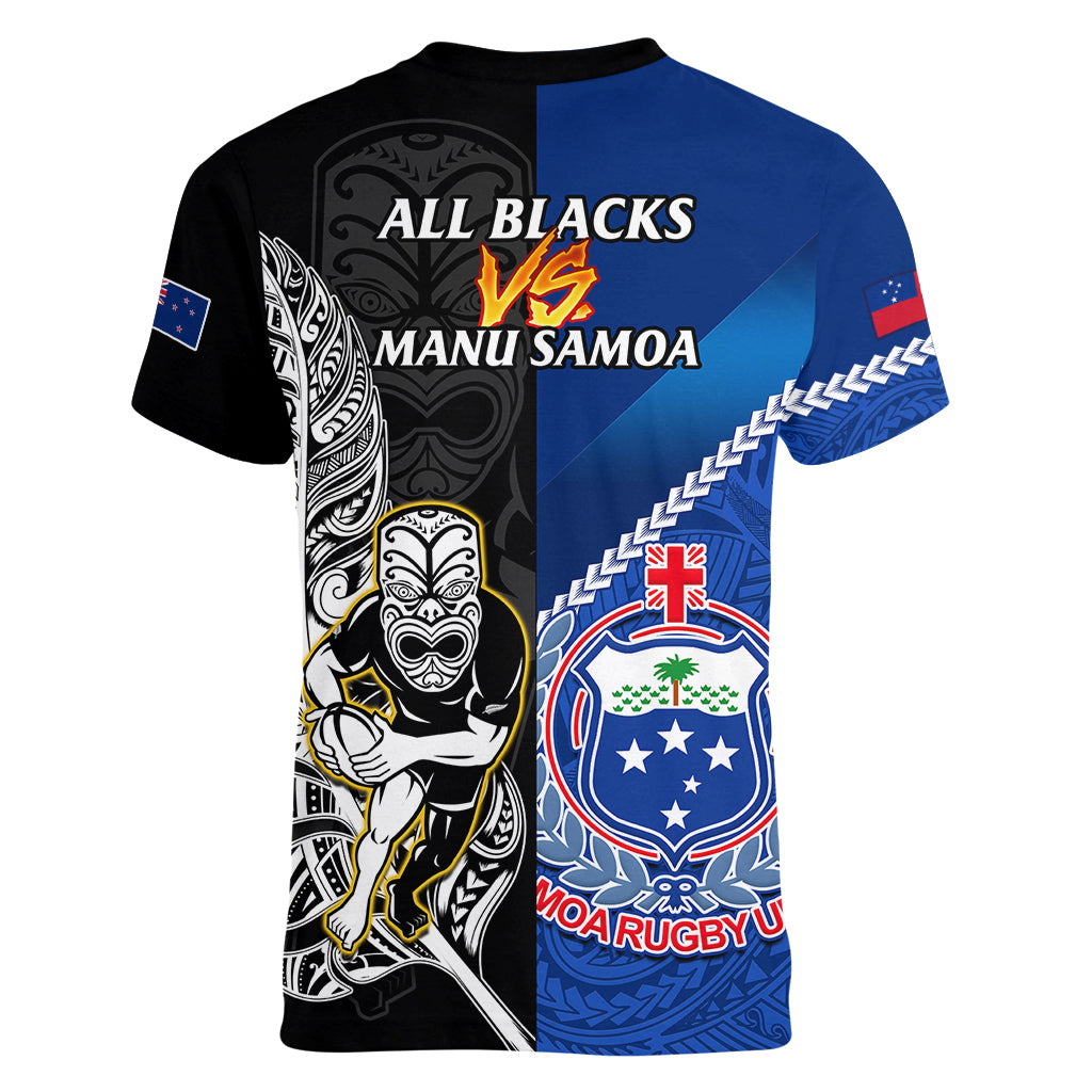 New Zealand And Samoa Rugby Women V Neck T Shirt All Black Tiki Fern Mix Manu Samoa 2023 World Cup - Vibe Hoodie Shop