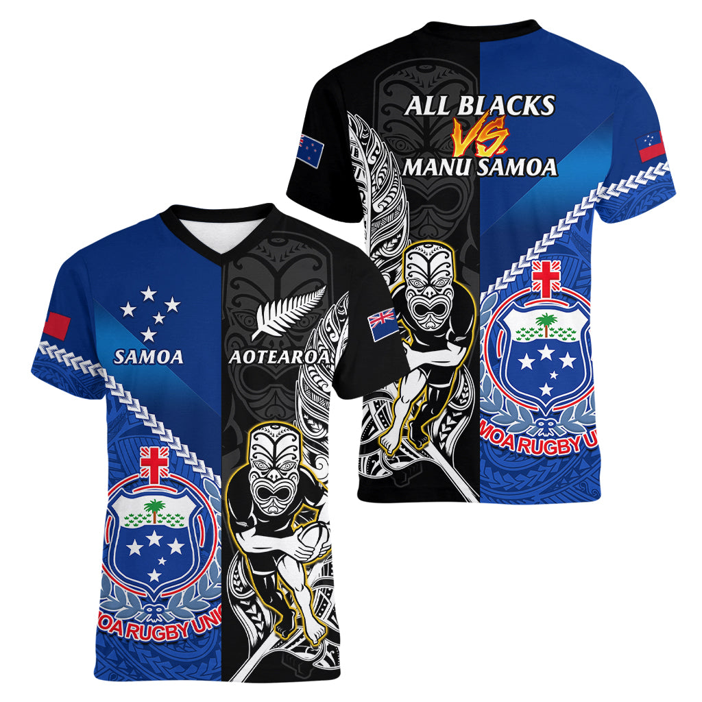 New Zealand And Samoa Rugby Women V Neck T Shirt All Black Tiki Fern Mix Manu Samoa 2023 World Cup - Vibe Hoodie Shop