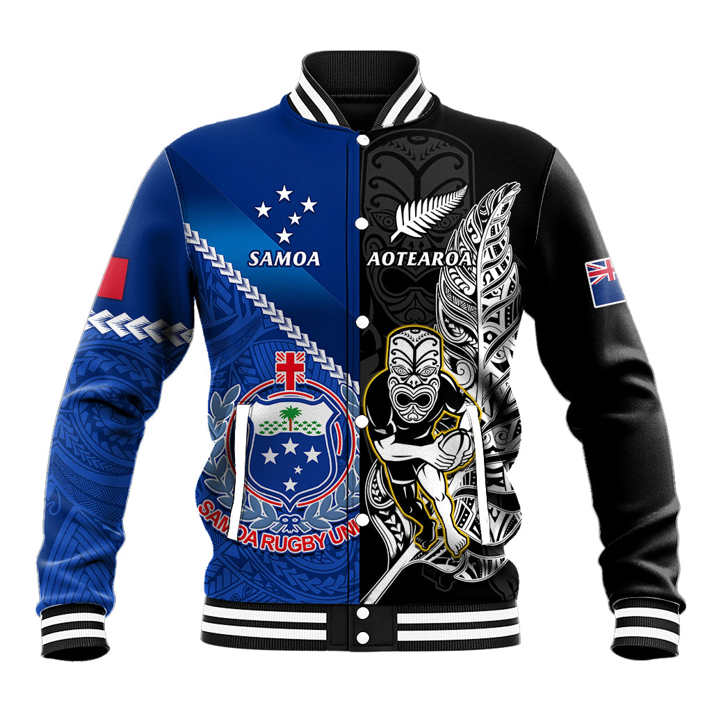 Custom New Zealand And Samoa Rugby Baseball Jacket All Black Tiki Fern Mix Manu Samoa 2023 World Cup - Vibe Hoodie Shop