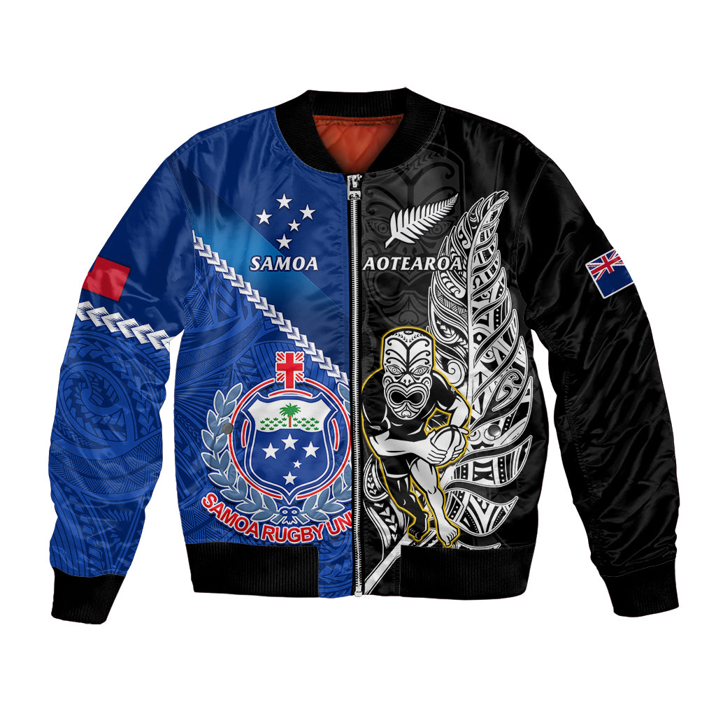 Custom New Zealand And Samoa Rugby Bomber Jacket All Black Tiki Fern Mix Manu Samoa 2023 World Cup - Vibe Hoodie Shop