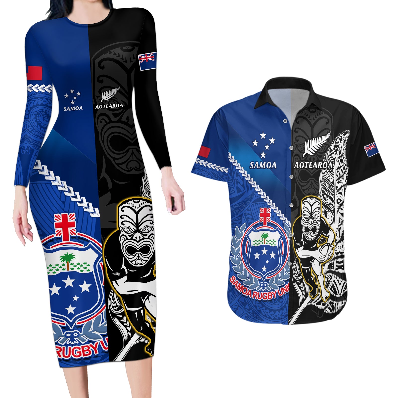 custom-new-zealand-and-samoa-rugby-couples-matching-long-sleeve-bodycon-dress-and-hawaiian-shirt-all-black-tiki-fern-mix-manu-samoa-2023-world-cup