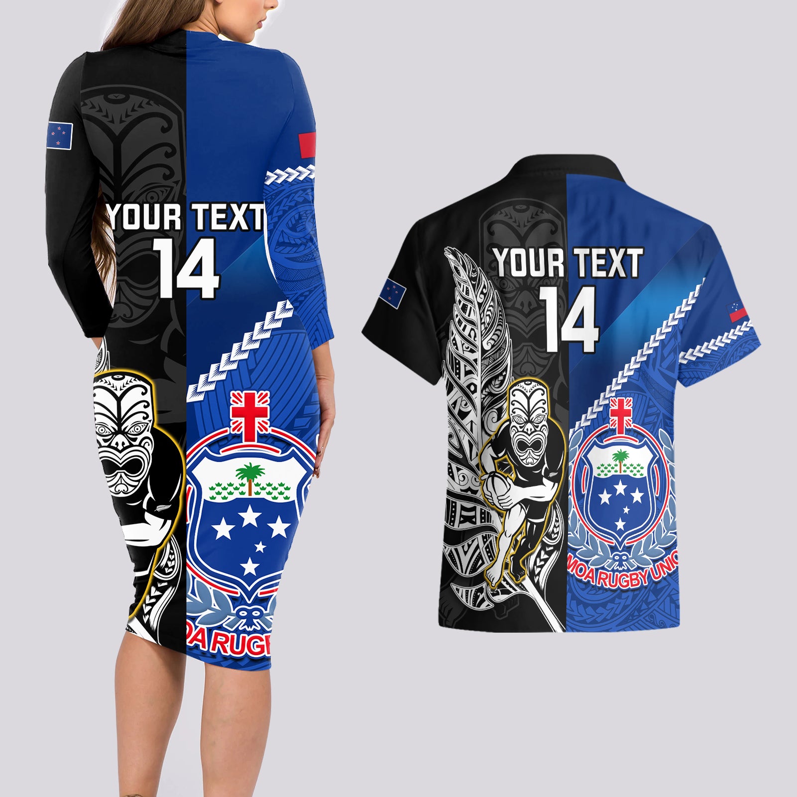 custom-new-zealand-and-samoa-rugby-couples-matching-long-sleeve-bodycon-dress-and-hawaiian-shirt-all-black-tiki-fern-mix-manu-samoa-2023-world-cup