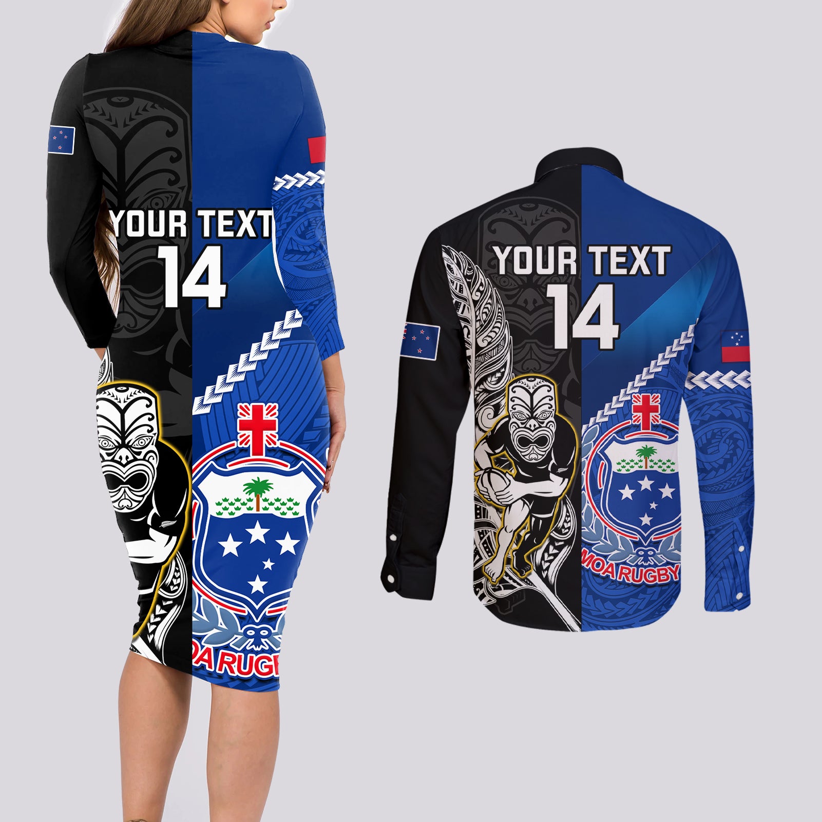 custom-new-zealand-and-samoa-rugby-couples-matching-long-sleeve-bodycon-dress-and-long-sleeve-button-shirts-all-black-tiki-fern-mix-manu-samoa-2023-world-cup