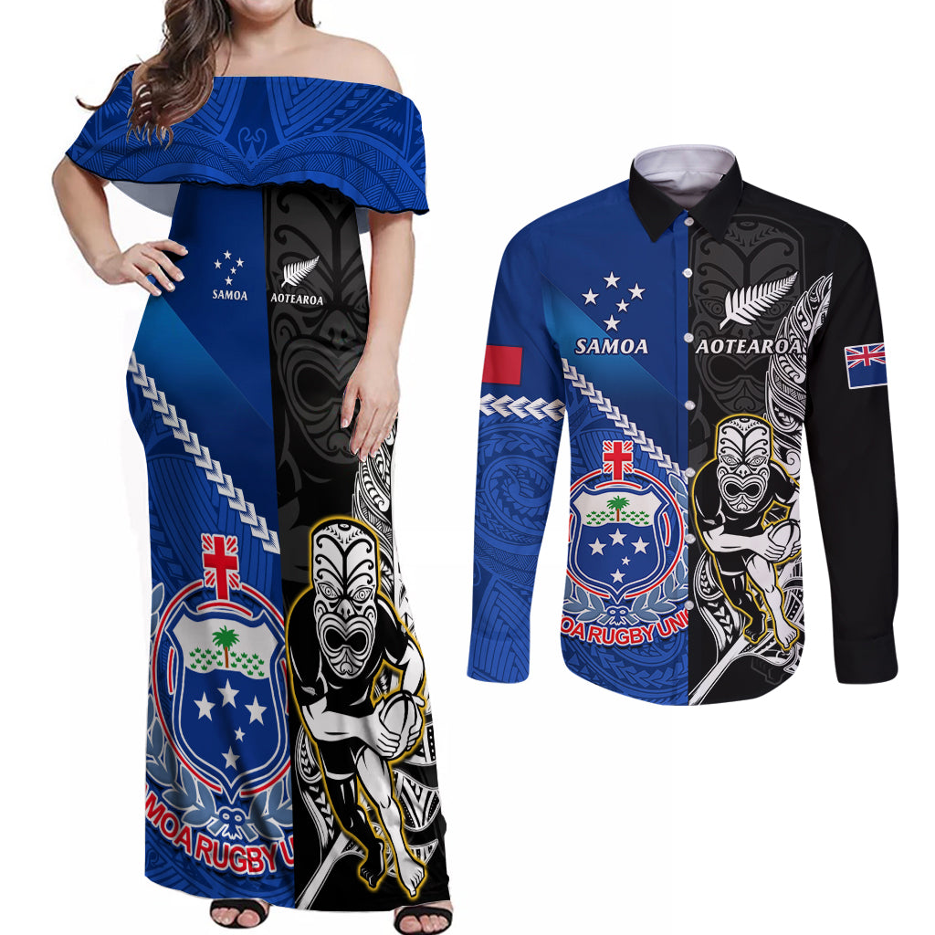 custom-new-zealand-and-samoa-rugby-couples-matching-off-shoulder-maxi-dress-and-long-sleeve-button-shirts-all-black-tiki-fern-mix-manu-samoa-2023-world-cup