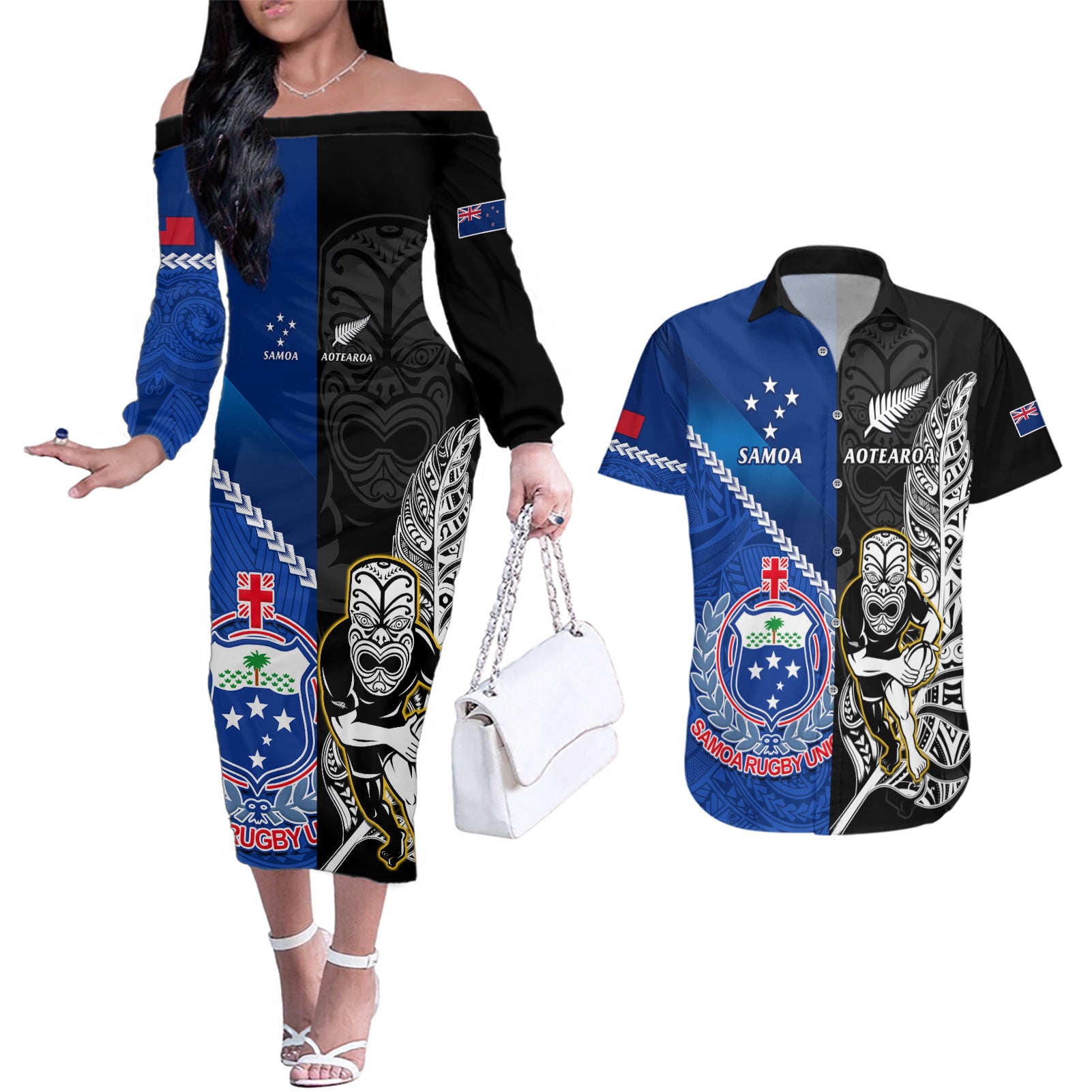 custom-new-zealand-and-samoa-rugby-couples-matching-off-the-shoulder-long-sleeve-dress-and-hawaiian-shirt-all-black-tiki-fern-mix-manu-samoa-2023-world-cup