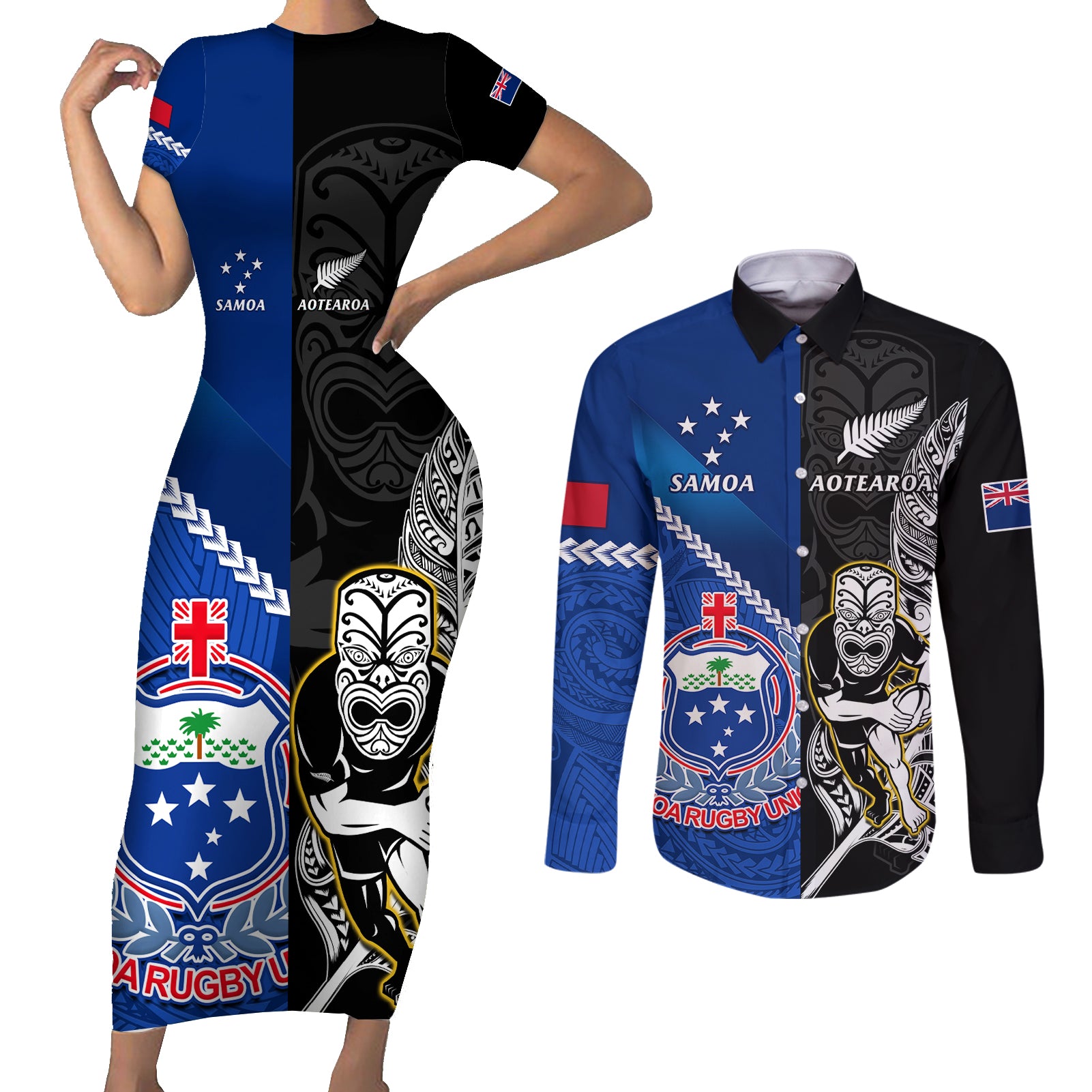 custom-new-zealand-and-samoa-rugby-couples-matching-short-sleeve-bodycon-dress-and-long-sleeve-button-shirts-all-black-tiki-fern-mix-manu-samoa-2023-world-cup