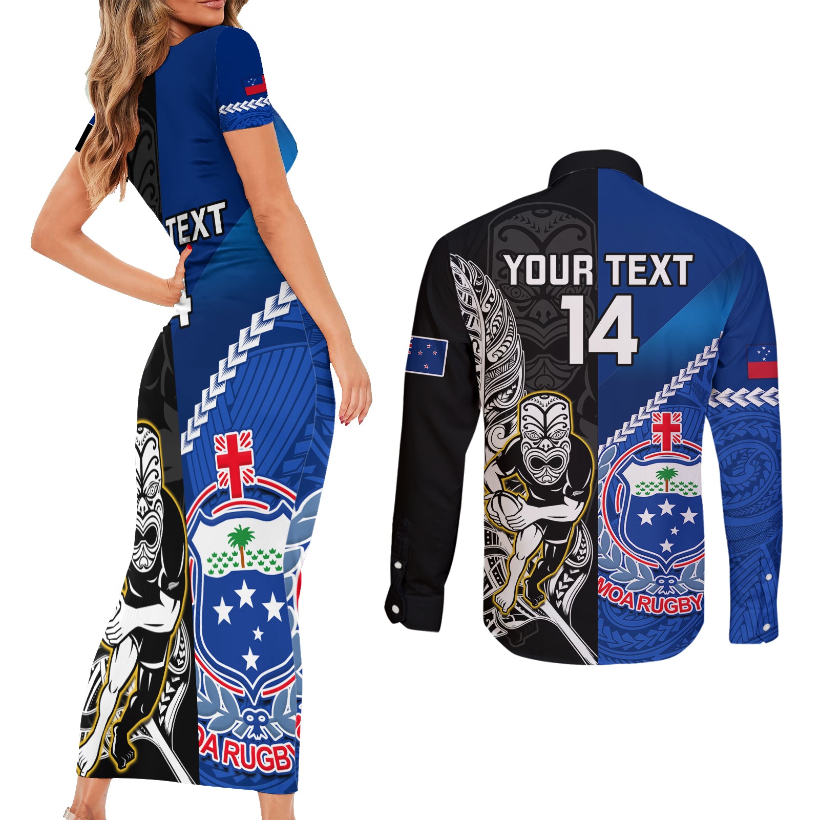 custom-new-zealand-and-samoa-rugby-couples-matching-short-sleeve-bodycon-dress-and-long-sleeve-button-shirts-all-black-tiki-fern-mix-manu-samoa-2023-world-cup