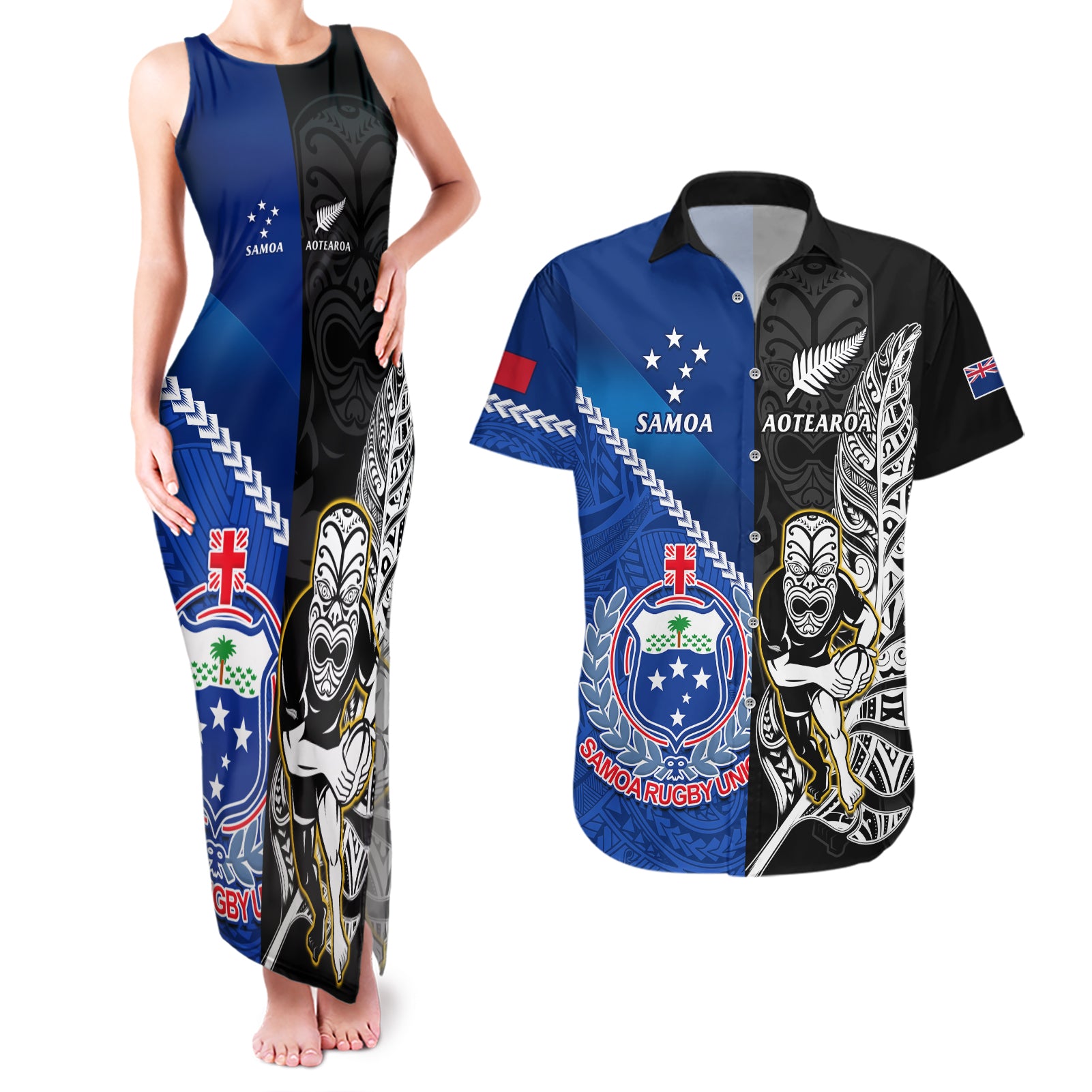 custom-new-zealand-and-samoa-rugby-couples-matching-tank-maxi-dress-and-hawaiian-shirt-all-black-tiki-fern-mix-manu-samoa-2023-world-cup