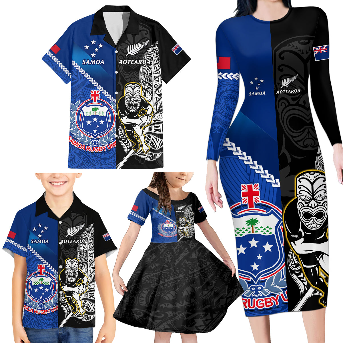 custom-new-zealand-and-samoa-rugby-family-matching-long-sleeve-bodycon-dress-and-hawaiian-shirt-all-black-tiki-fern-mix-manu-samoa-2023-world-cup