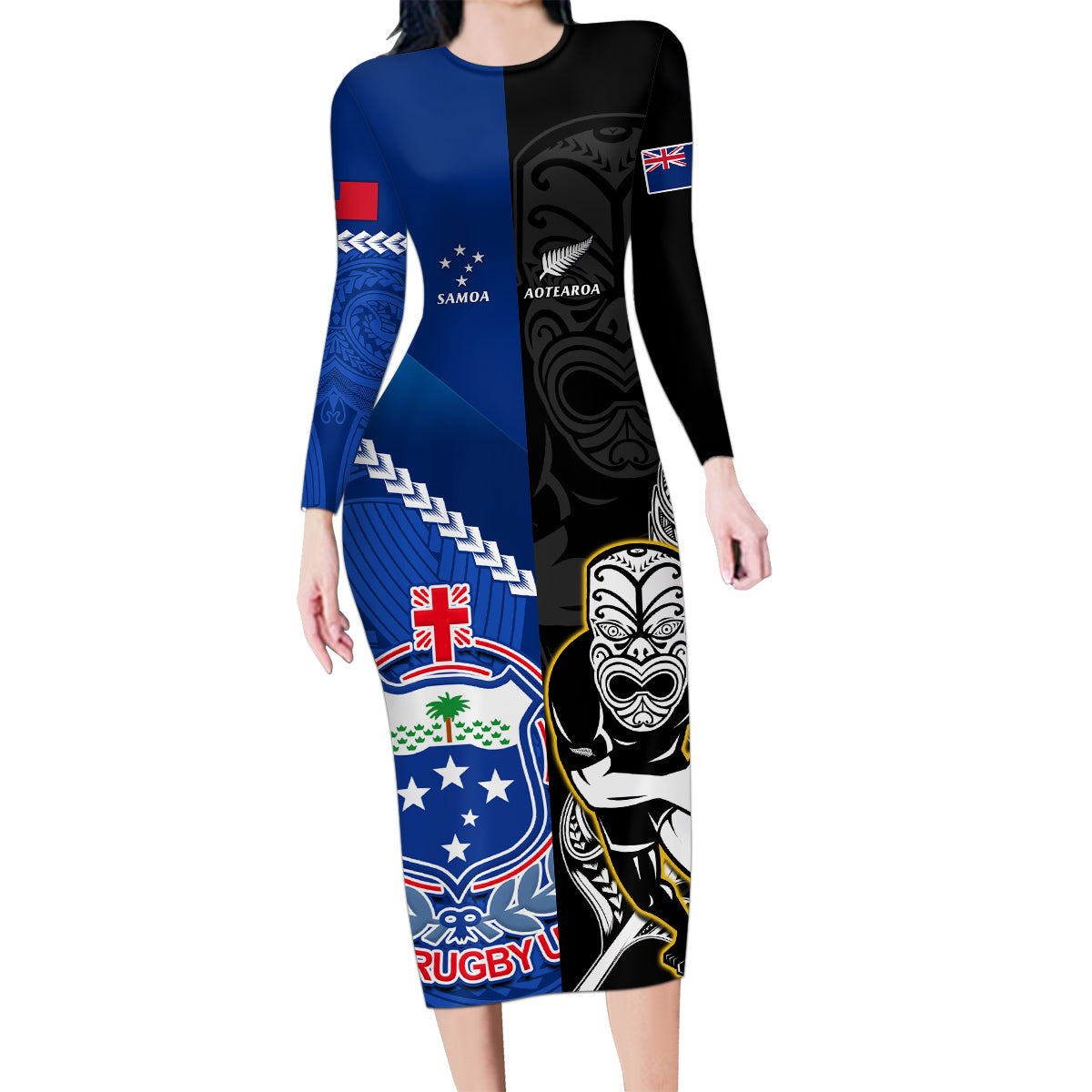 custom-new-zealand-and-samoa-rugby-family-matching-long-sleeve-bodycon-dress-and-hawaiian-shirt-all-black-tiki-fern-mix-manu-samoa-2023-world-cup