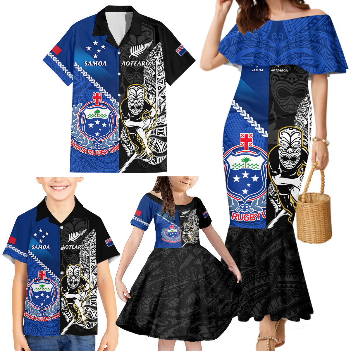 custom-new-zealand-and-samoa-rugby-family-matching-mermaid-dress-and-hawaiian-shirt-all-black-tiki-fern-mix-manu-samoa-2023-world-cup