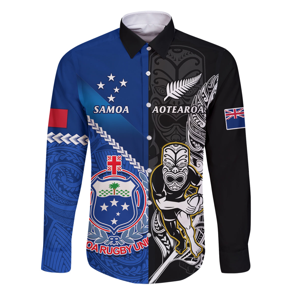 custom-new-zealand-and-samoa-rugby-family-matching-puletasi-dress-and-hawaiian-shirt-all-black-tiki-fern-mix-manu-samoa-2023-world-cup