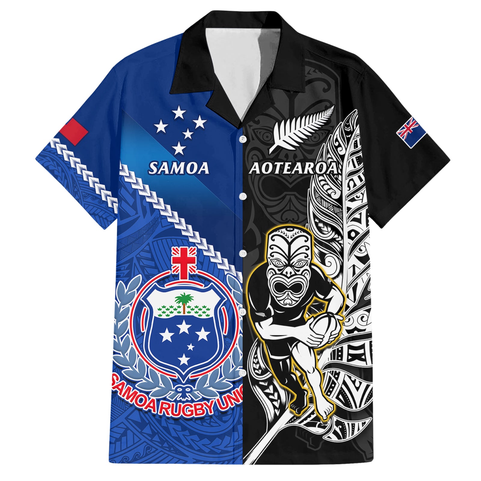 custom-new-zealand-and-samoa-rugby-family-matching-short-sleeve-bodycon-dress-and-hawaiian-shirt-all-black-tiki-fern-mix-manu-samoa-2023-world-cup