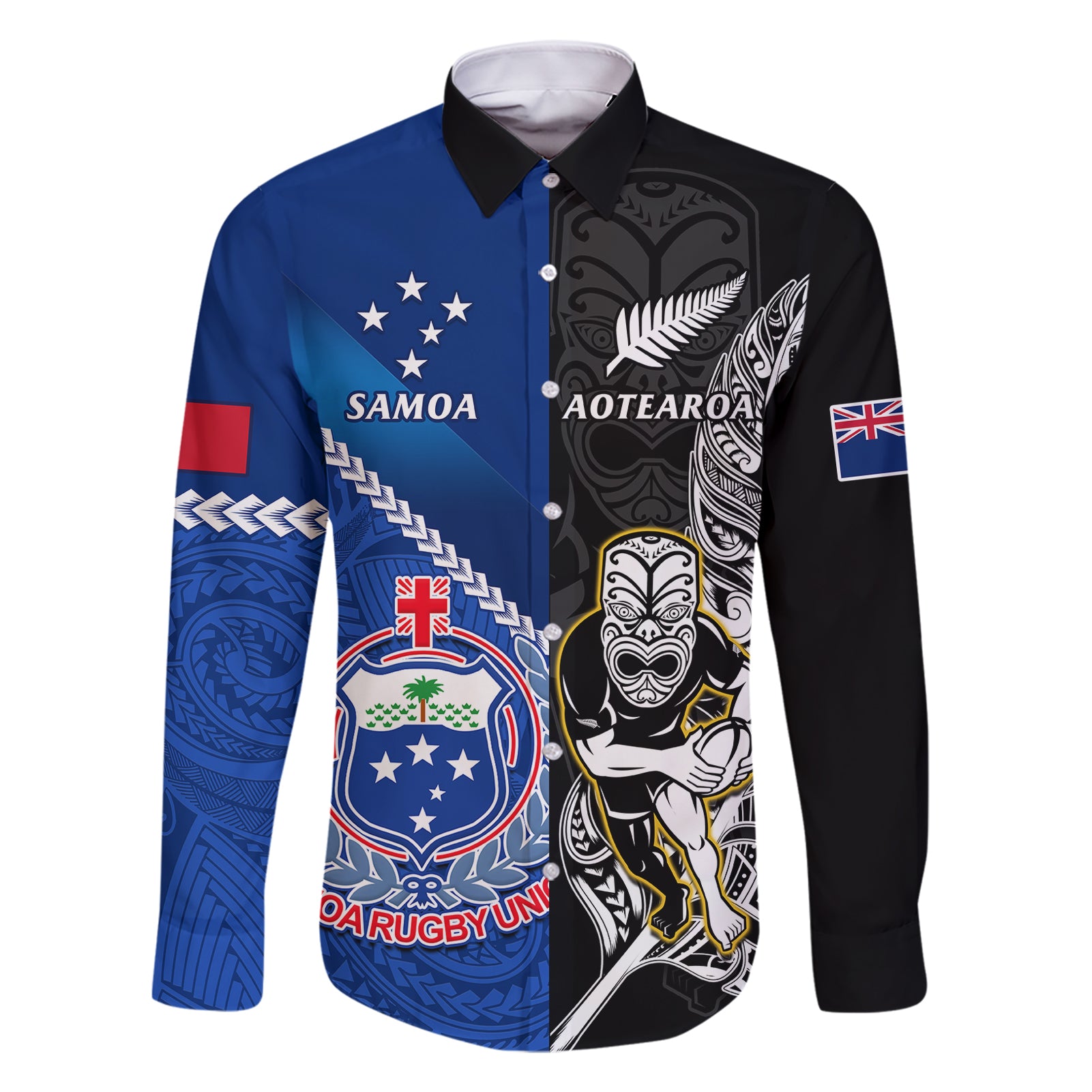 custom-new-zealand-and-samoa-rugby-family-matching-short-sleeve-bodycon-dress-and-hawaiian-shirt-all-black-tiki-fern-mix-manu-samoa-2023-world-cup