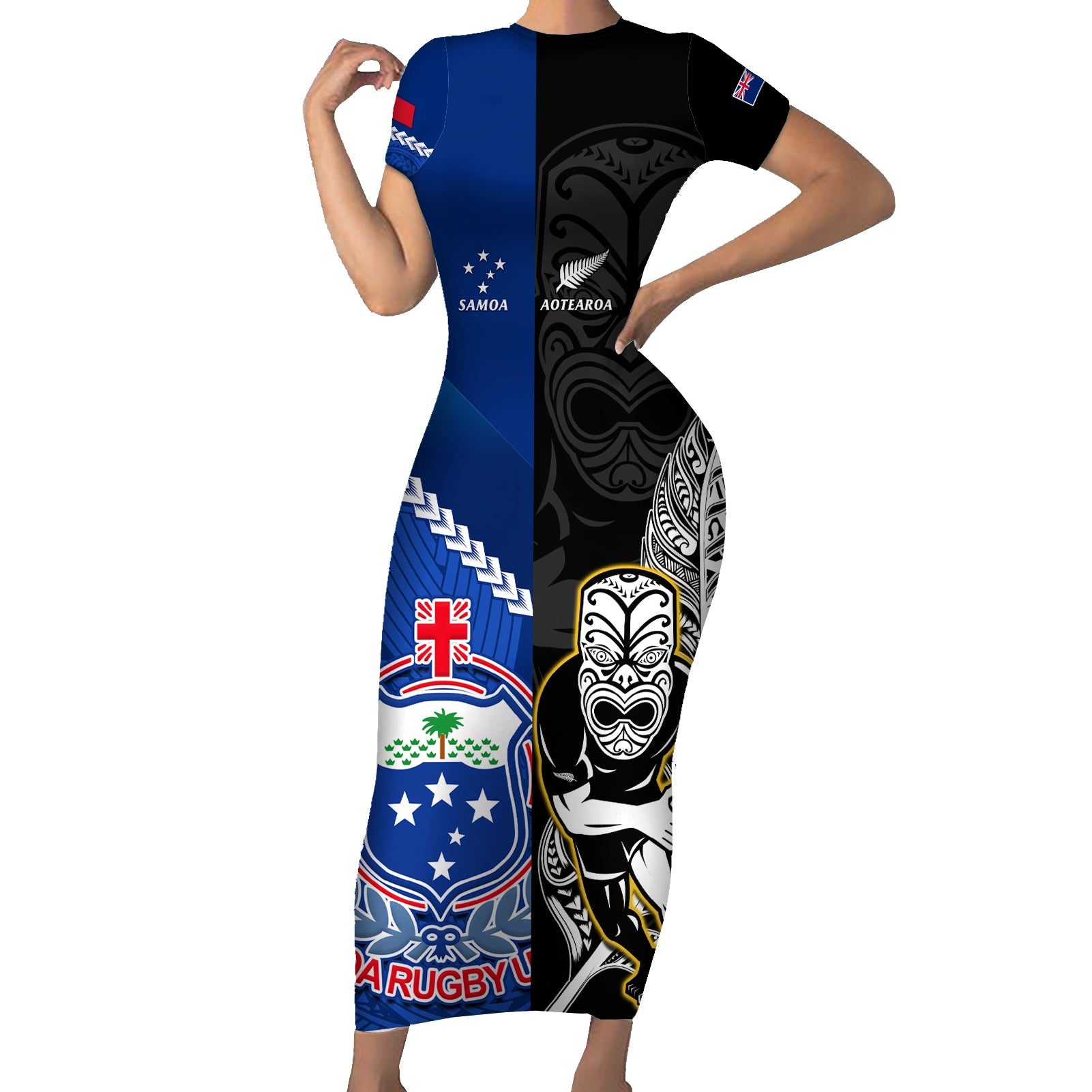 custom-new-zealand-and-samoa-rugby-family-matching-short-sleeve-bodycon-dress-and-hawaiian-shirt-all-black-tiki-fern-mix-manu-samoa-2023-world-cup