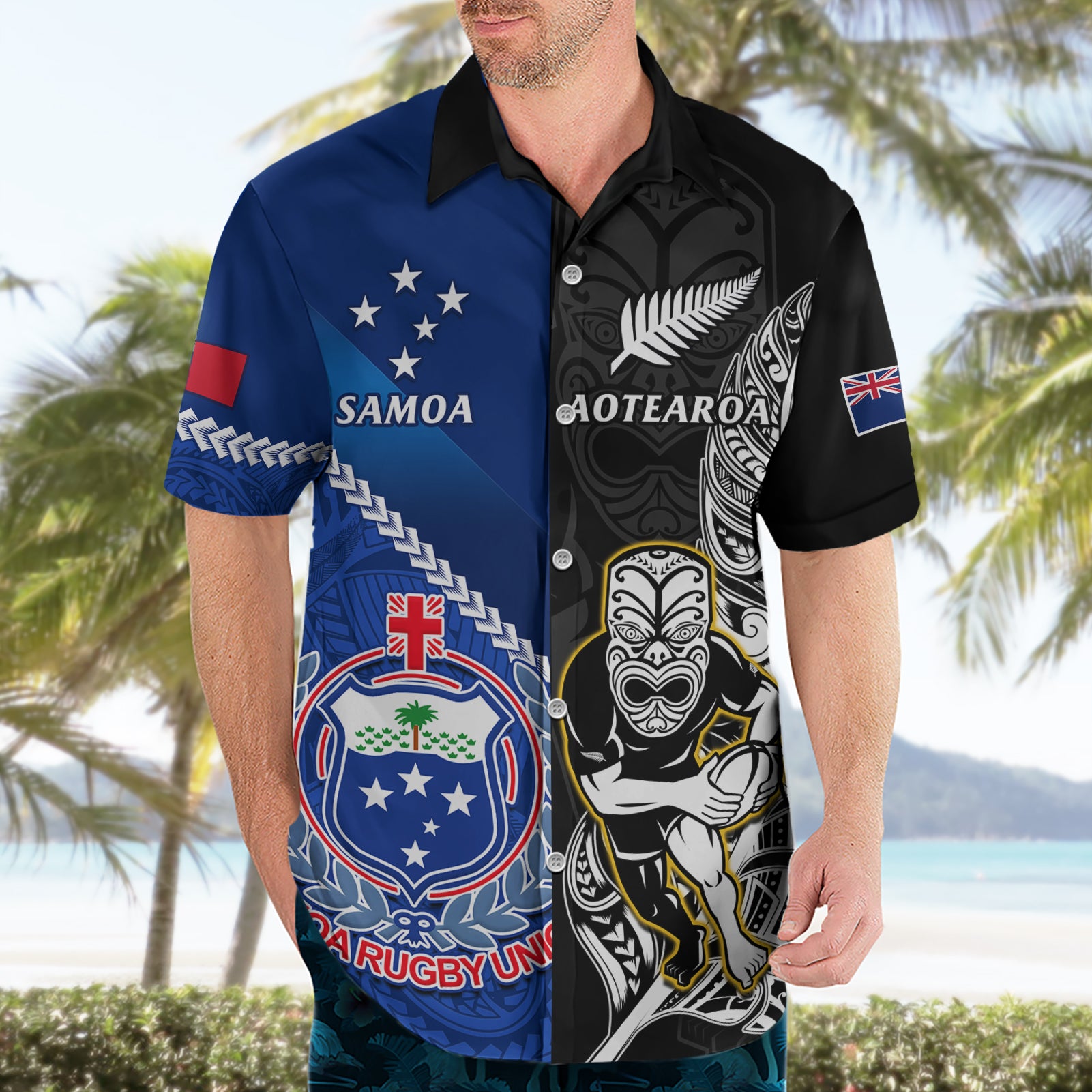 Custom New Zealand And Samoa Rugby Hawaiian Shirt All Black Tiki Fern Mix Manu Samoa 2023 World Cup - Vibe Hoodie Shop