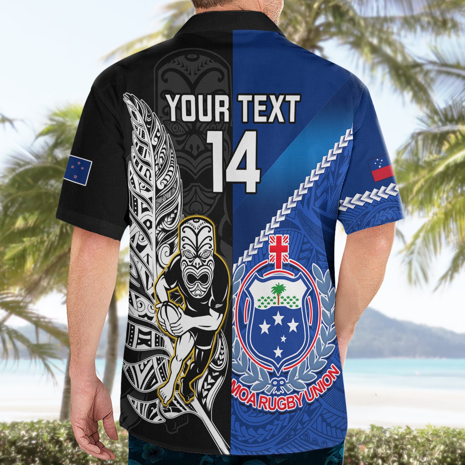 Custom New Zealand And Samoa Rugby Hawaiian Shirt All Black Tiki Fern Mix Manu Samoa 2023 World Cup - Vibe Hoodie Shop