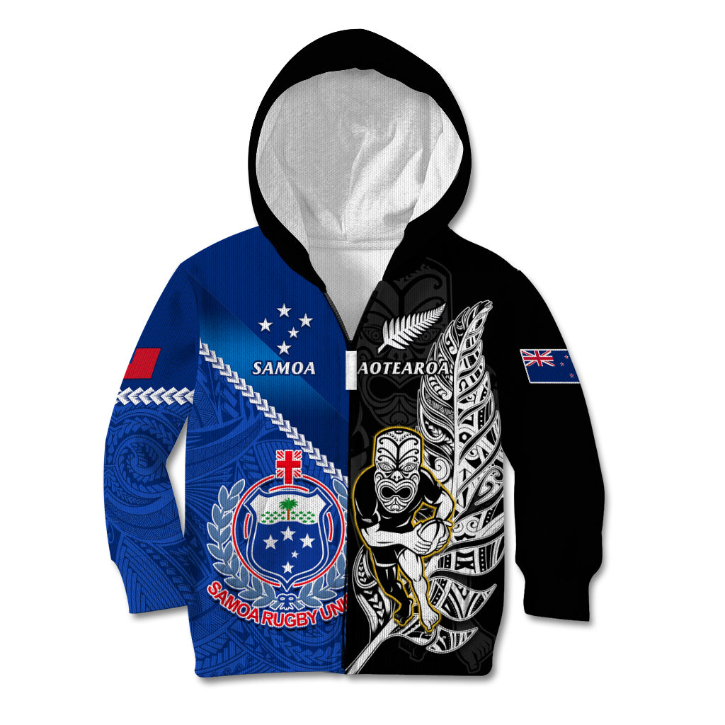 Custom New Zealand And Samoa Rugby Kid Hoodie All Black Tiki Fern Mix Manu Samoa 2023 World Cup - Vibe Hoodie Shop