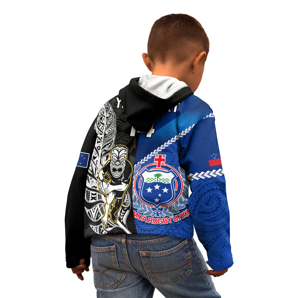 Custom New Zealand And Samoa Rugby Kid Hoodie All Black Tiki Fern Mix Manu Samoa 2023 World Cup - Vibe Hoodie Shop