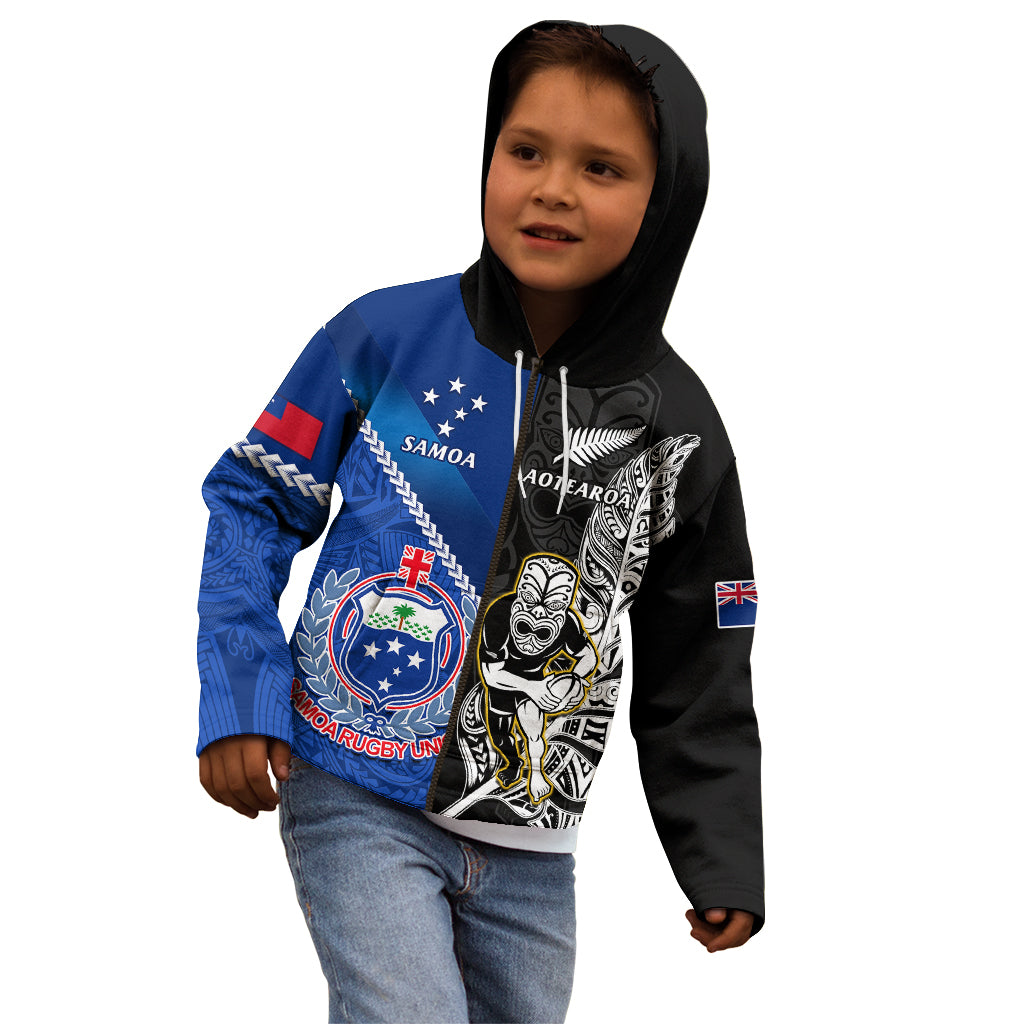 Custom New Zealand And Samoa Rugby Kid Hoodie All Black Tiki Fern Mix Manu Samoa 2023 World Cup - Vibe Hoodie Shop