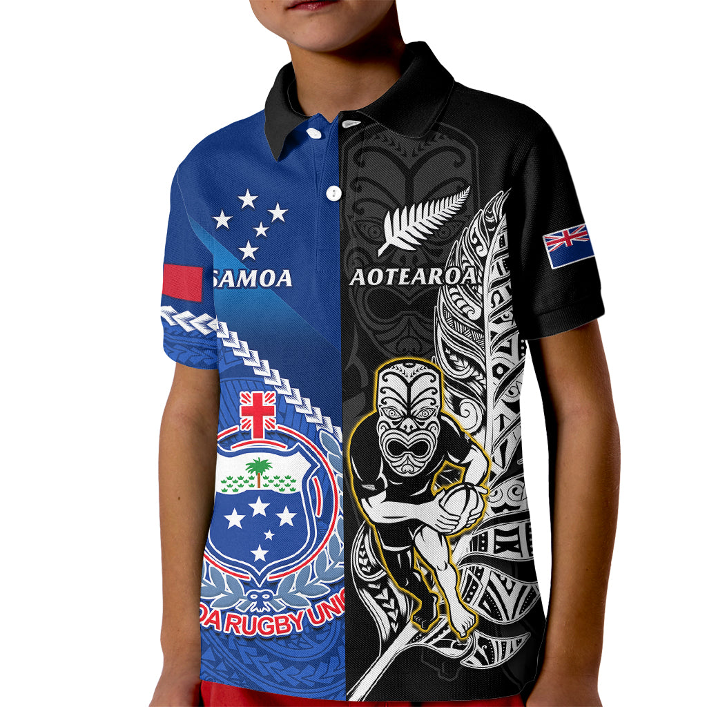 Custom New Zealand And Samoa Rugby Kid Polo Shirt All Black Tiki Fern Mix Manu Samoa 2023 World Cup - Vibe Hoodie Shop