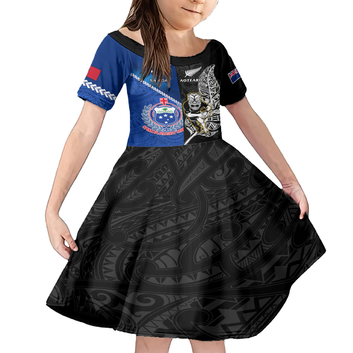 Custom New Zealand And Samoa Rugby Kid Short Sleeve Dress All Black Tiki Fern Mix Manu Samoa 2023 World Cup - Vibe Hoodie Shop