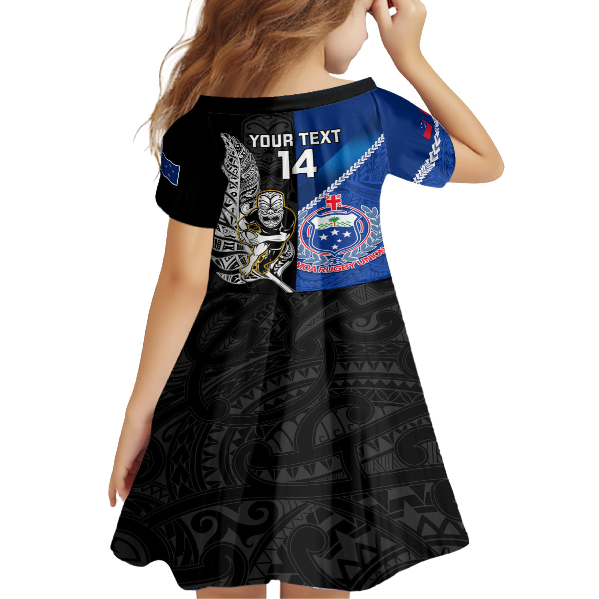 Custom New Zealand And Samoa Rugby Kid Short Sleeve Dress All Black Tiki Fern Mix Manu Samoa 2023 World Cup - Vibe Hoodie Shop