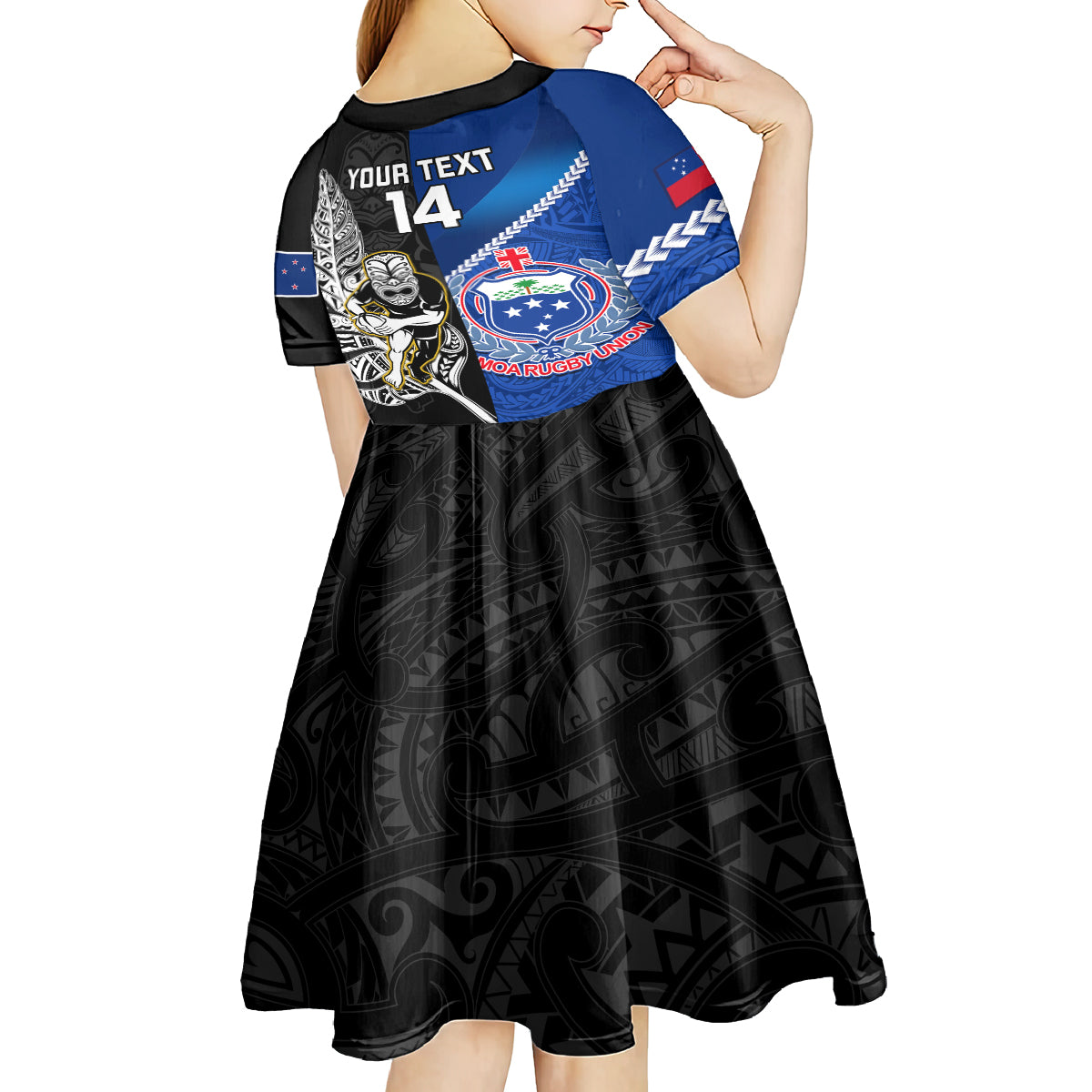 Custom New Zealand And Samoa Rugby Kid Short Sleeve Dress All Black Tiki Fern Mix Manu Samoa 2023 World Cup - Vibe Hoodie Shop