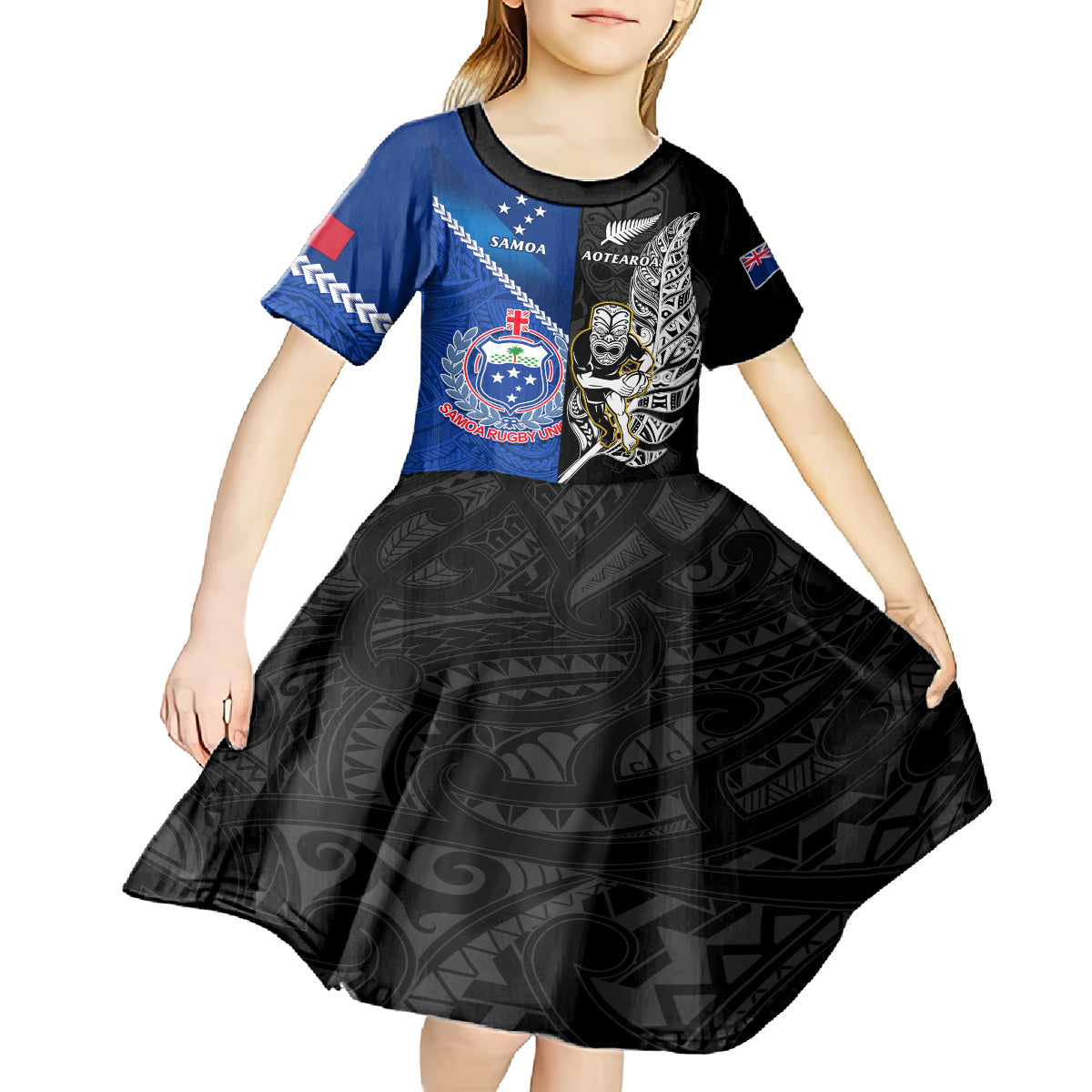 Custom New Zealand And Samoa Rugby Kid Short Sleeve Dress All Black Tiki Fern Mix Manu Samoa 2023 World Cup - Vibe Hoodie Shop