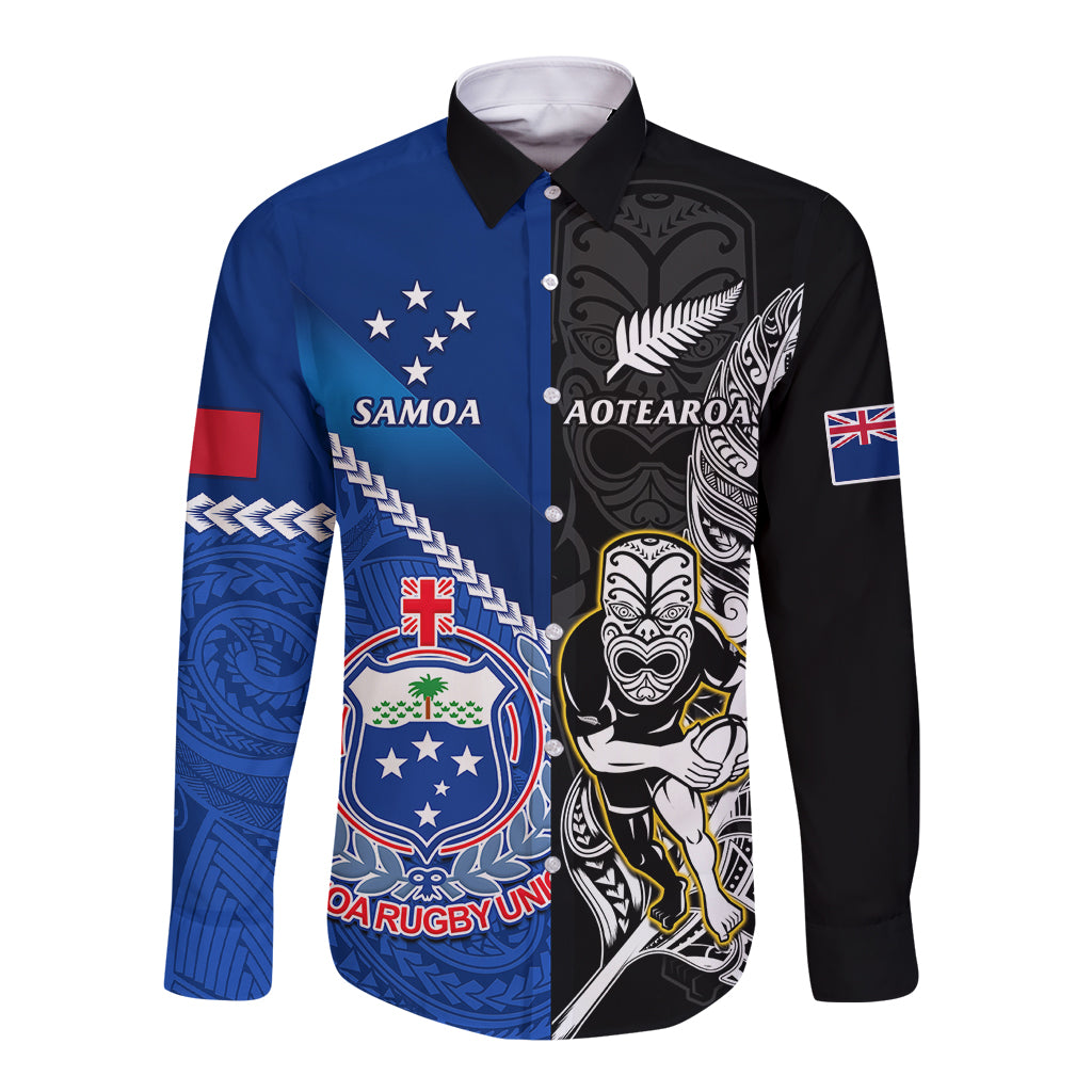 Custom New Zealand And Samoa Rugby Long Sleeve Button Shirt All Black Tiki Fern Mix Manu Samoa 2023 World Cup - Vibe Hoodie Shop