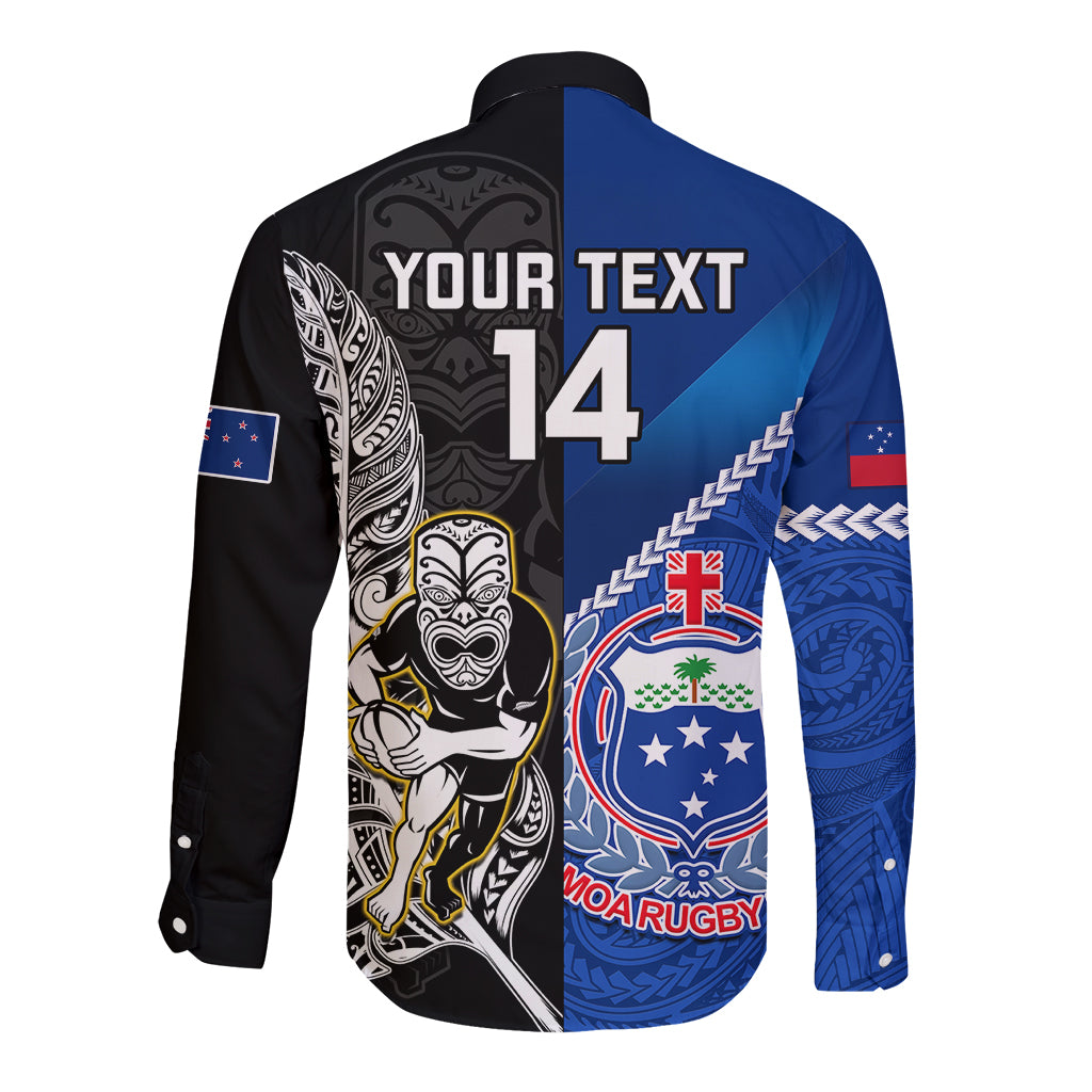 Custom New Zealand And Samoa Rugby Long Sleeve Button Shirt All Black Tiki Fern Mix Manu Samoa 2023 World Cup - Vibe Hoodie Shop