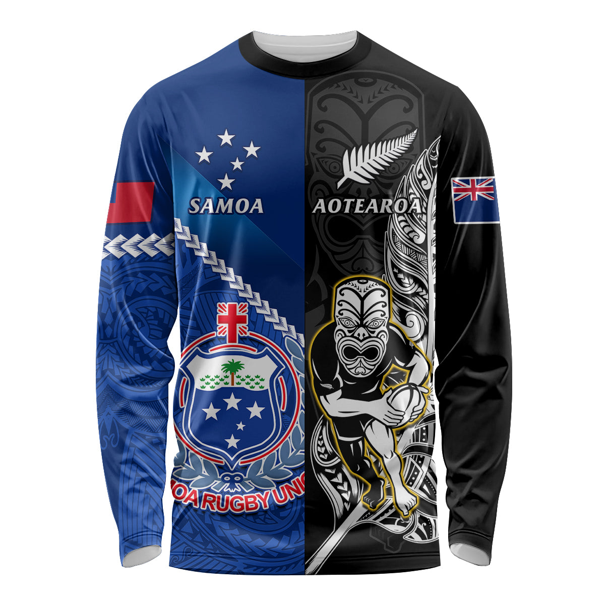 Custom New Zealand And Samoa Rugby Long Sleeve Shirt All Black Tiki Fern Mix Manu Samoa 2023 World Cup - Vibe Hoodie Shop